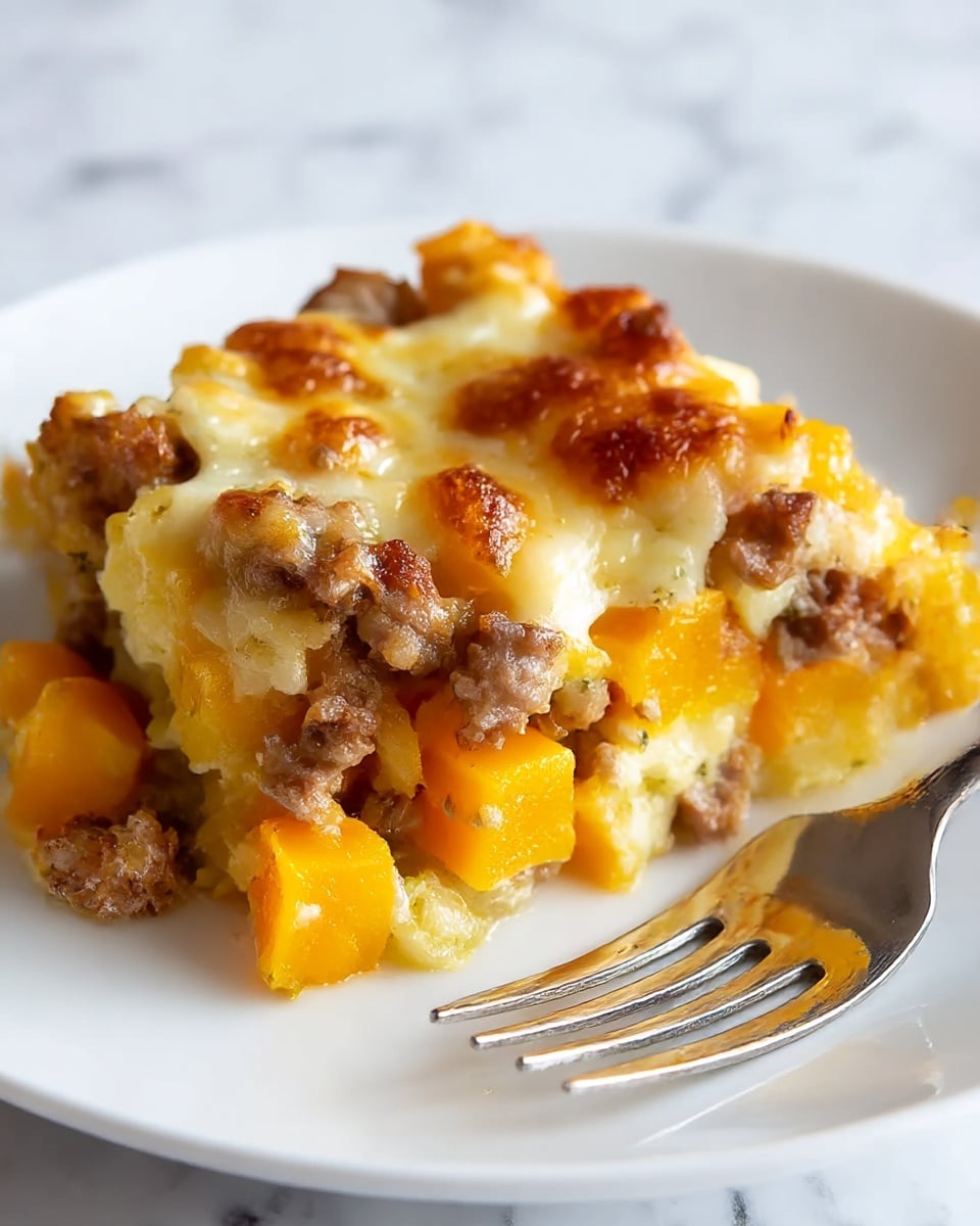 A close-up view of a piece of layered casserole on a white plate with a silver fork resting next to it. The dish has three visible layers: the bottom layer is soft, bright yellow and orange chunks of cooked squash or sweet potato; the middle layer consists of brown ground meat mixed with small bits of vegetables; the top layer is melted cheese with browned spots, showing a bubbly texture. The casserole pieces look soft and moist, with some crispy edges on top, and slight steam rising. The background shows a white marbled surface. Photo taken with an iphone --ar 4:5 --v 7