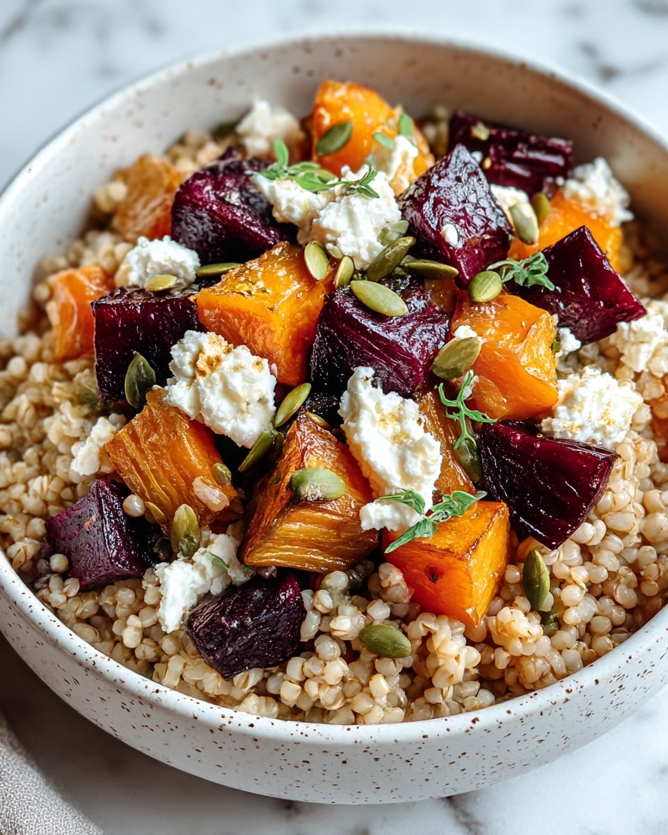 The image shows a close-up of a bowl filled with a colorful, textured dish. The base layer is a bed of cooked grains, light brown and shiny, filling the bowl. On top of the grains, there are medium-sized chunks of roasted orange squash and deep purple beet pieces, scattered evenly across the dish. Small white cheese crumbles, slightly creamy and soft in texture, are spread uniformly over the roasted vegetables. Green pumpkin seeds and tiny green herb leaves are sprinkled on top, adding contrast and detail. The bowl is white with a light speckled pattern and sits on a white marbled surface. photo taken with an iphone --ar 4:5 --v 7