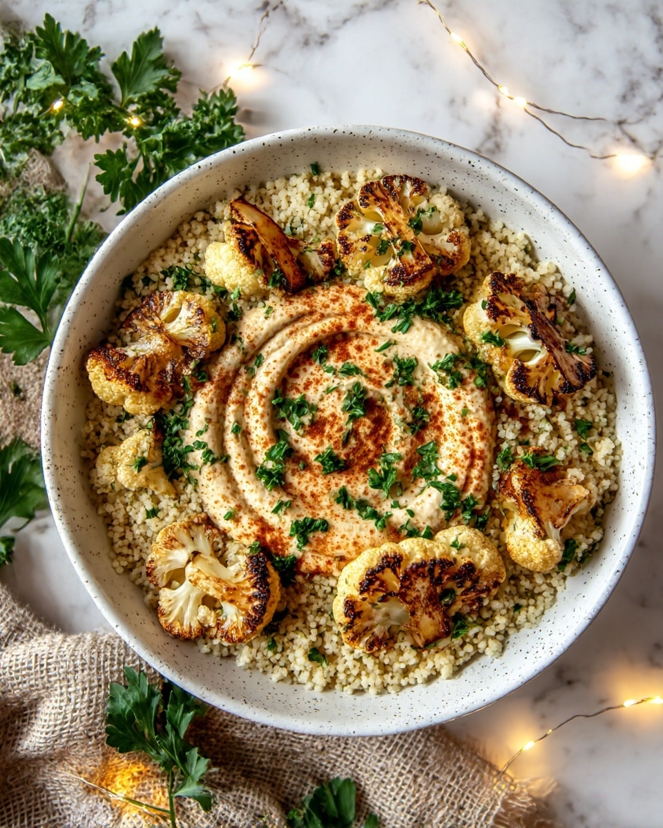 A bowl filled with a base layer of small, light-colored couscous grains topped with several pieces of roasted cauliflower florets that have golden brown char marks. In the center, there is a swirl of creamy, beige hummus sprinkled with finely chopped green parsley. More parsley leaves and a light dusting of paprika or chili powder are scattered over the dish, adding contrast to the pale yellow and light brown tones. The bowl is white with a speckled pattern, and it rests on a white marbled surface with some green parsley leaves around it and a piece of burlap fabric with warm fairy lights nearby. Photo taken with an iphone --ar 4:5 --v 7