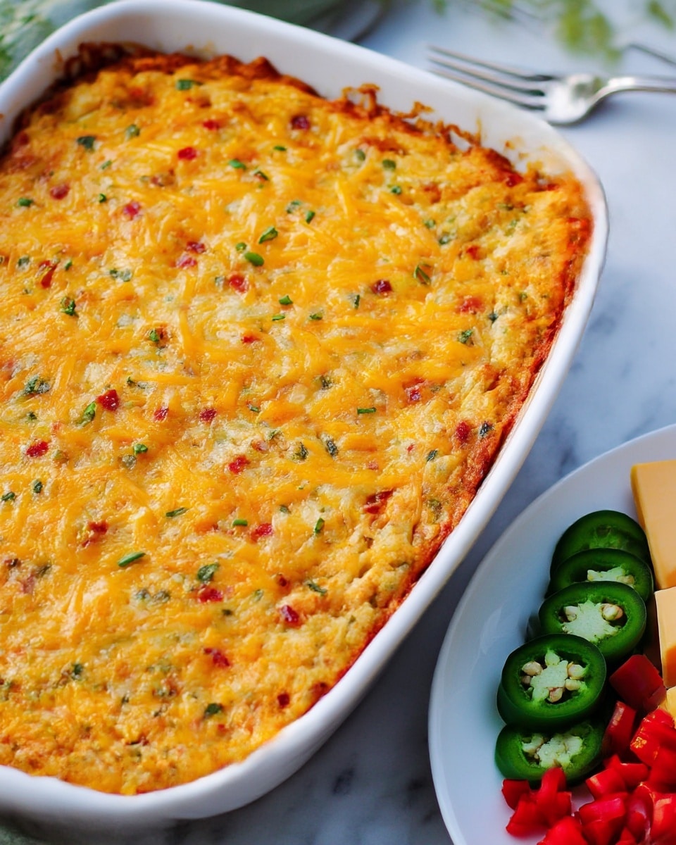 A close-up of a white rectangular baking dish filled with a baked cheesy casserole. The top layer has melted shredded orange cheese mixed with small bits of green herbs and tiny red pieces, giving it a textured look. The casserole surface is slightly browned in spots, showing a baked, slightly crispy texture. Next to the dish, there is a white plate with sliced green jalapeños, small bright red diced peppers, and a piece of pale yellow cheese. The scene is set on a white marbled surface with part of a silver fork visible. Photo taken with an iphone --ar 4:5 --v 7