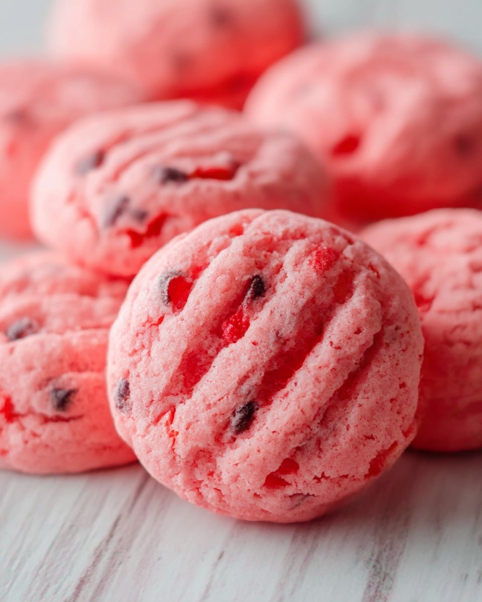 The image shows a close-up of soft, round pink cookies with visible chocolate chips and little pieces of red fruit mixed in. They have a slightly crinkled texture on top with some shallow folds and creases, and the cookies are arranged in a close group, with one cookie in the front sharply in focus while the rest fade softly into the background. The surface underneath has a white marbled texture, adding a clean, bright contrast to the vibrant pink cookies. photo taken with an iphone --ar 4:5 --v 7