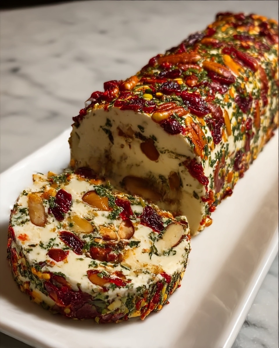 The image shows a close-up of a single log-shaped cheese, cut at an angle to reveal its dense, creamy white interior, packed with whole pecans and green herb specks. The outside layer is coated with vibrant red dried cranberries, whole pecans, and finely chopped herbs and spices, giving the cheese a colorful and textured appearance. It is placed on a long, simple white rectangular plate that sits on a white marbled surface, making the rich colors of the cheese stand out. Photo taken with an iphone --ar 4:5 --v 7