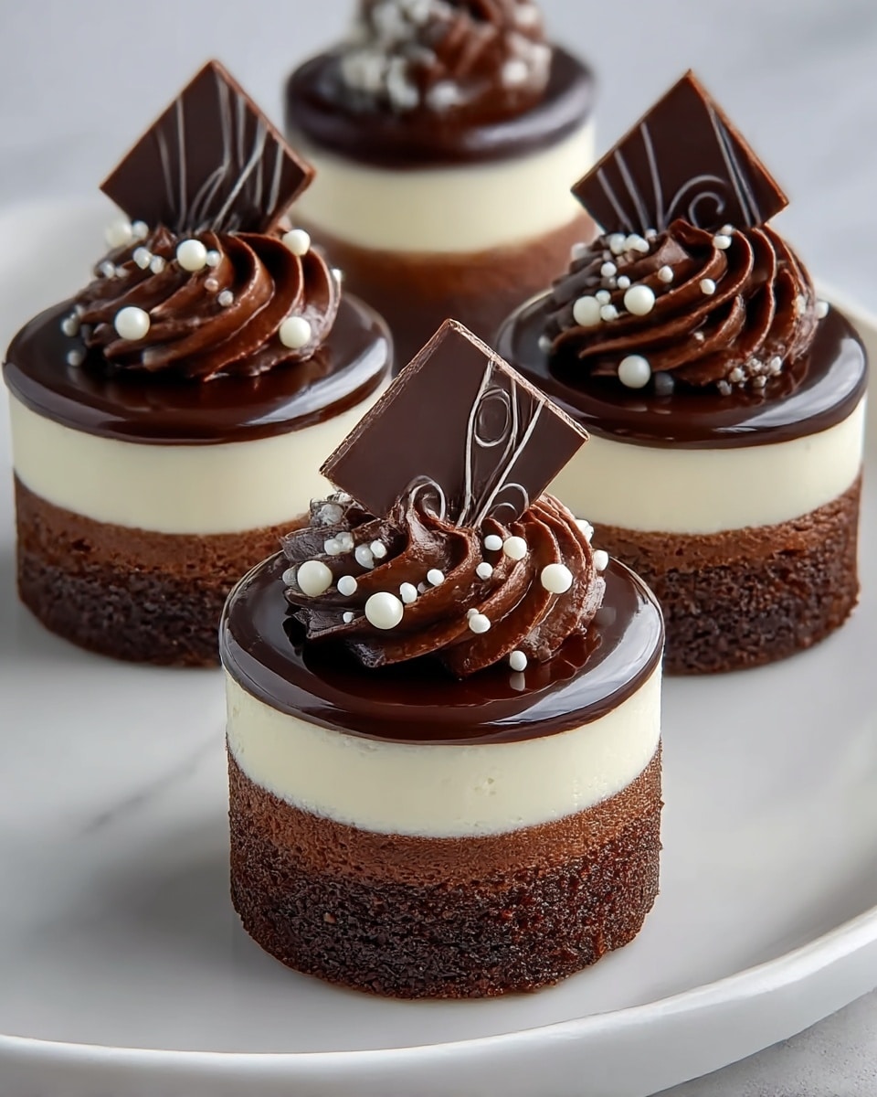Four small round desserts are placed on a white plate with a white marbled background. Each dessert has three layers: a dark brown cake base at the bottom, a smooth white creamy layer in the middle, and a shiny dark chocolate glaze on top. On the top layer, there is a swirl of dark chocolate cream decorated with small white pearl-like beads and a square piece of dark chocolate with a delicate swirl design standing vertically. The desserts are neatly arranged in a group, showing rich textures and glossy surfaces. photo taken with an iphone --ar 4:5 --v 7