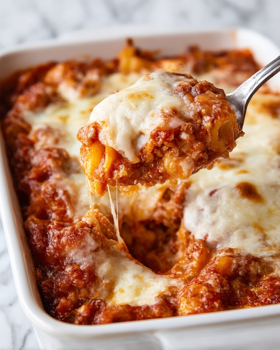 A close-up view of a baked pasta dish in a white ceramic rectangular dish showing multiple layers: a bottom layer of tender pasta tubes covered in a rich, chunky red tomato and meat sauce, topped with a layer of melted, gooey white cheese that stretches slightly as a spoon lifts a spoonful. The sauce has a thick, textured appearance with browned bits, and the cheese on top appears soft and creamy with some golden spots from baking. A metal spoon scoops out a portion, showing the layered pasta and sauce inside, all set against a white marbled surface. Photo taken with an iphone --ar 4:5 --v 7