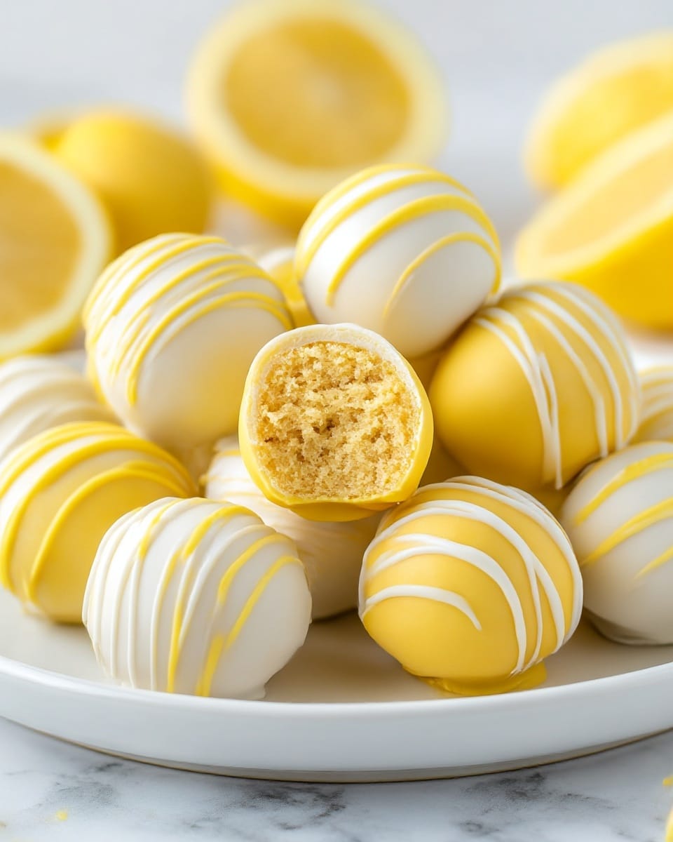 A white plate holds a pile of round cake balls in two main colors: smooth white coating with yellow drizzle on top and smooth yellow coating with white drizzle on top. In the center, one yellow-coated cake ball is bitten to show a moist, textured inside of light yellow color. The cake balls sit on a white marbled surface with blurred halved and whole lemons in the background. The drizzled lines are thin and slightly curved, creating a decorative pattern on each ball. photo taken with an iphone --ar 4:5 --v 7