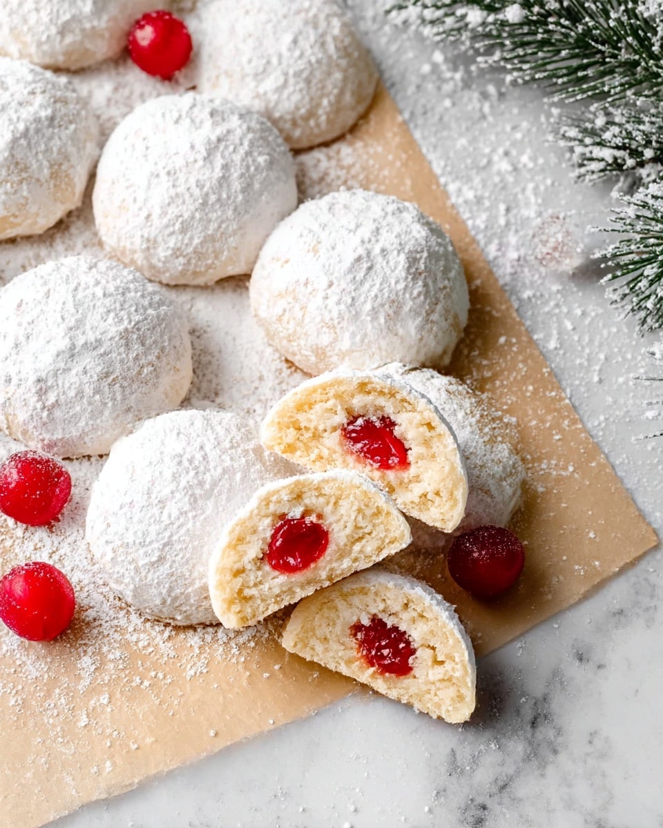 The image shows several round cookies covered with a thick layer of white powdered sugar, placed on a piece of light brown parchment paper. One cookie is cut in half, revealing a red cherry center inside soft beige dough with a slightly crumbly texture. There are whole red cherries scattered among the cookies. The background surface is a white marbled texture dusted with powdered sugar, giving a festive look. Some green pine needles with artificial snow decorate the right side of the scene. Photo taken with an iphone --ar 4:5 --v 7