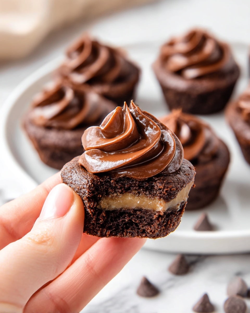 The image shows several small chocolate tarts arranged on a white marbled surface, each consisting of two layers: a thicker base layer of dark chocolate tart shell with a rough, slightly crumbly texture, and a smooth, glossy middle layer of milk chocolate filling. On top of this filling is a rich, dark chocolate swirl of creamy frosting, piped in a decorative, peaked shape that shines under the light. The tarts are arranged in rows with one tart in clear focus in the front center, and a white plate filled with more tarts blurred in the background. Some scattered chocolate pieces and wrapped candies are visible softly out of focus around the tarts. photo taken with an iphone --ar 4:5 --v 7