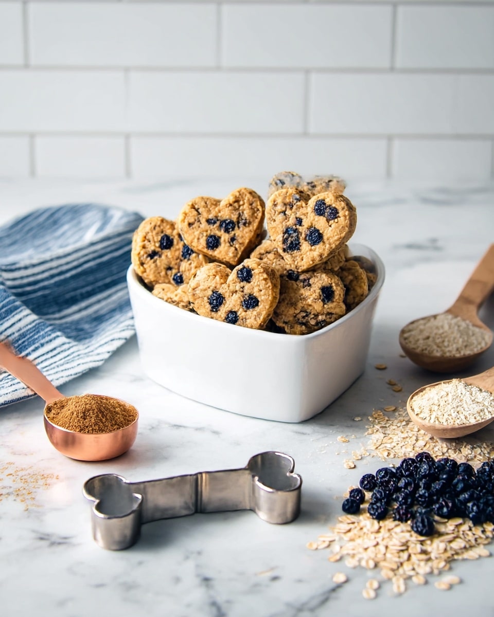 A white bowl filled with multiple heart-shaped cookies that are golden brown with dark blue spots, placed on a white marbled surface. The cookies are stacked upright inside the bowl, showing their textured surface with visible oats and berries. In front of the bowl is a silver dog-bone shaped cookie cutter resting flat on the surface. To the left, a striped blue and white cloth sits next to a copper spoon filled with brown powder, while on the right, a wooden spoon holds light oats with some oats scattered nearby. There is also a small pile of dark blue dried berries placed neatly on the white marbled surface. The background shows white subway tiles in soft focus. Photo taken with an iphone --ar 4:5 --v 7