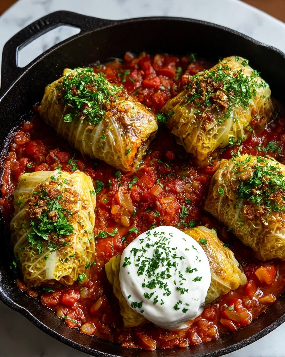 Five stuffed cabbage rolls with a golden-brown, slightly crispy outer layer sit in a cast iron pan filled with chunky red tomato sauce mixed with diced vegetables. Each roll is topped with finely chopped green herbs and bits of browned seasoning. In the center of the pan, there is a dollop of white sour cream sprinkled with green herbs. The pan is on a white marbled surface. photo taken with an iphone --ar 4:5 --v 7
