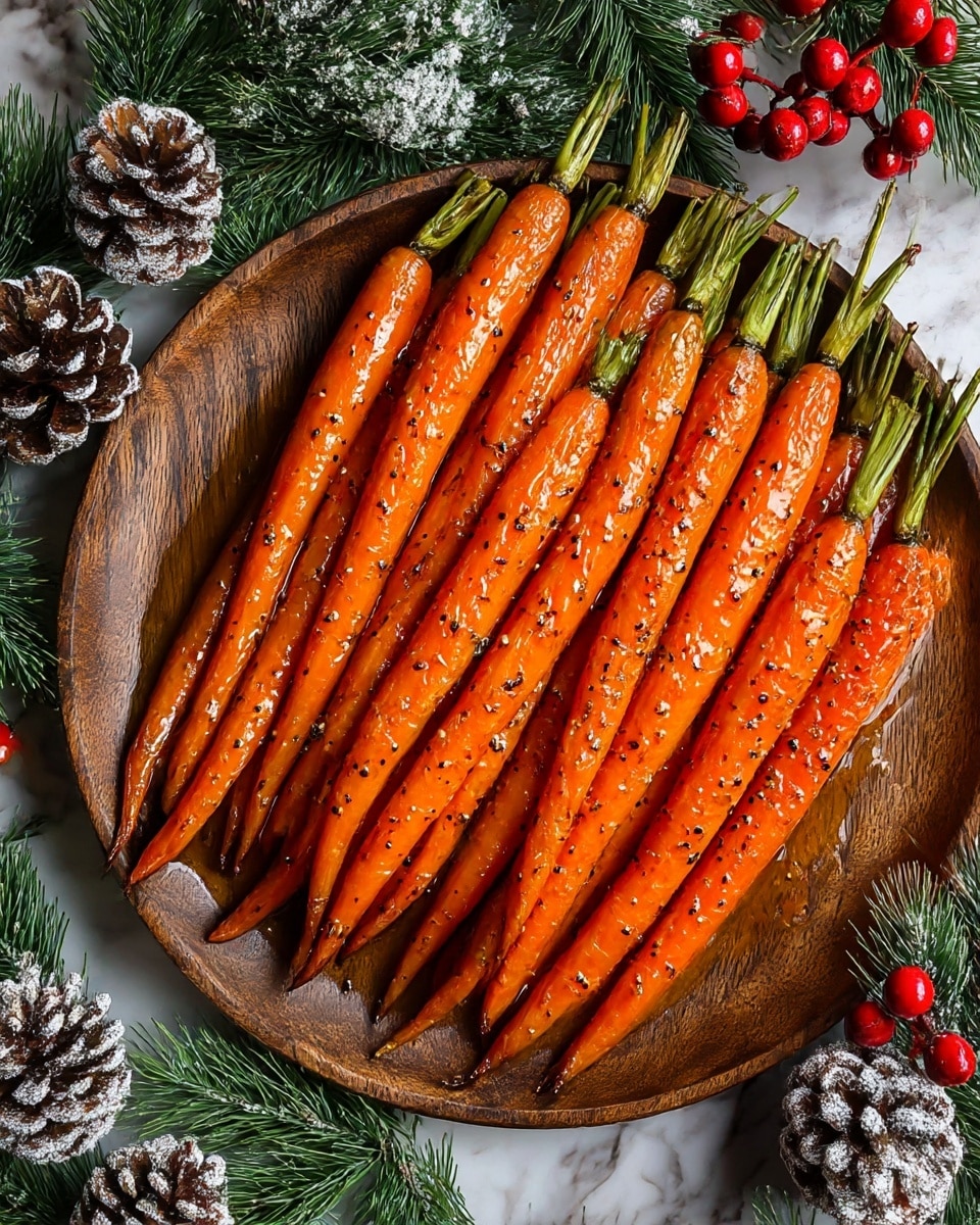 A wooden plate full of bright orange roasted carrots arranged in one layer, all pointing to the bottom right, with green tops still attached. The carrots are shiny with a glaze and sprinkled with black pepper. The plate is on a white marbled surface surrounded by green pine branches and frosted pine cones with red berries adding a festive feel. Photo taken with an iphone --ar 4:5 --v 7