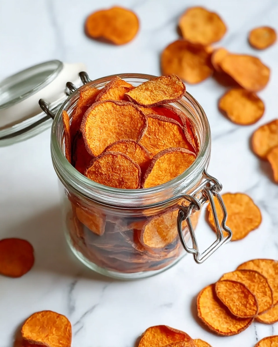 A clear glass jar filled to the top with thin, round, orange-brown chips that have a slightly rough texture and curled edges, showing some variation in color with darker brown borders. The jar has a metal clasp on the side, giving it a secure seal, and is placed on a white marbled surface with a few chips scattered around the jar’s base. The chips inside are stacked loosely, some leaning against the jar sides, creating layers of varied shapes and sizes. photo taken with an iphone --ar 4:5 --v 7