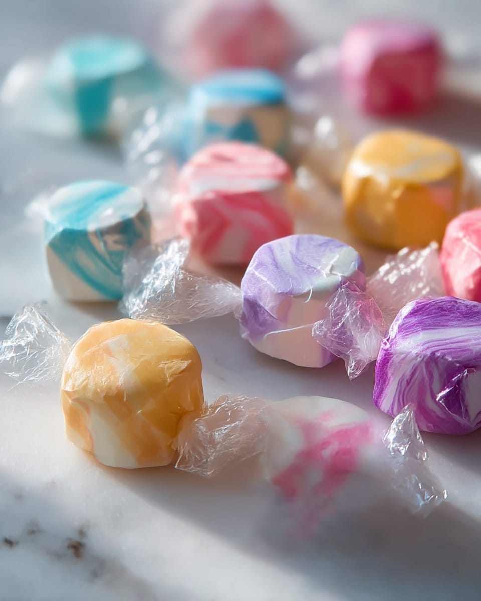 The image shows a close-up of several colorful saltwater taffies wrapped in clear, crinkled wrappers, scattered loosely on a white marbled surface. Each taffy piece has a smooth, swirled texture blending two or more pastel colors like pink and white, blue and white, yellow and white, or purple and pink. The wrappers are twisted at each end, adding shine and texture contrasts. The background is softly blurred, focusing on the front cluster of taffies with warm natural light highlighting the glossy surfaces and soft colors. photo taken with an iphone --ar 4:5 --v 7