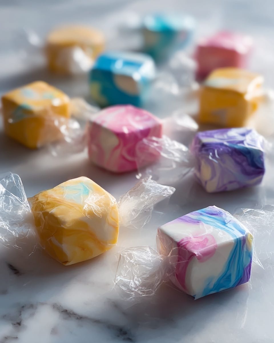The image shows several pieces of saltwater taffy candy wrapped in clear plastic wrappers spread out on a white marbled surface. Each piece of taffy has a smooth, soft texture with swirled, mixed colors including yellow, blue, pink, purple, and white. The shapes are mostly rectangular with slightly rounded edges, and the transparent wrappers are twisted on the sides, creating small clear ends that catch the light. The candies are arranged randomly, with some closer and others fading softly into the background, giving a sense of depth and variety in colors and light reflections. photo taken with an iphone --ar 4:5 --v 7