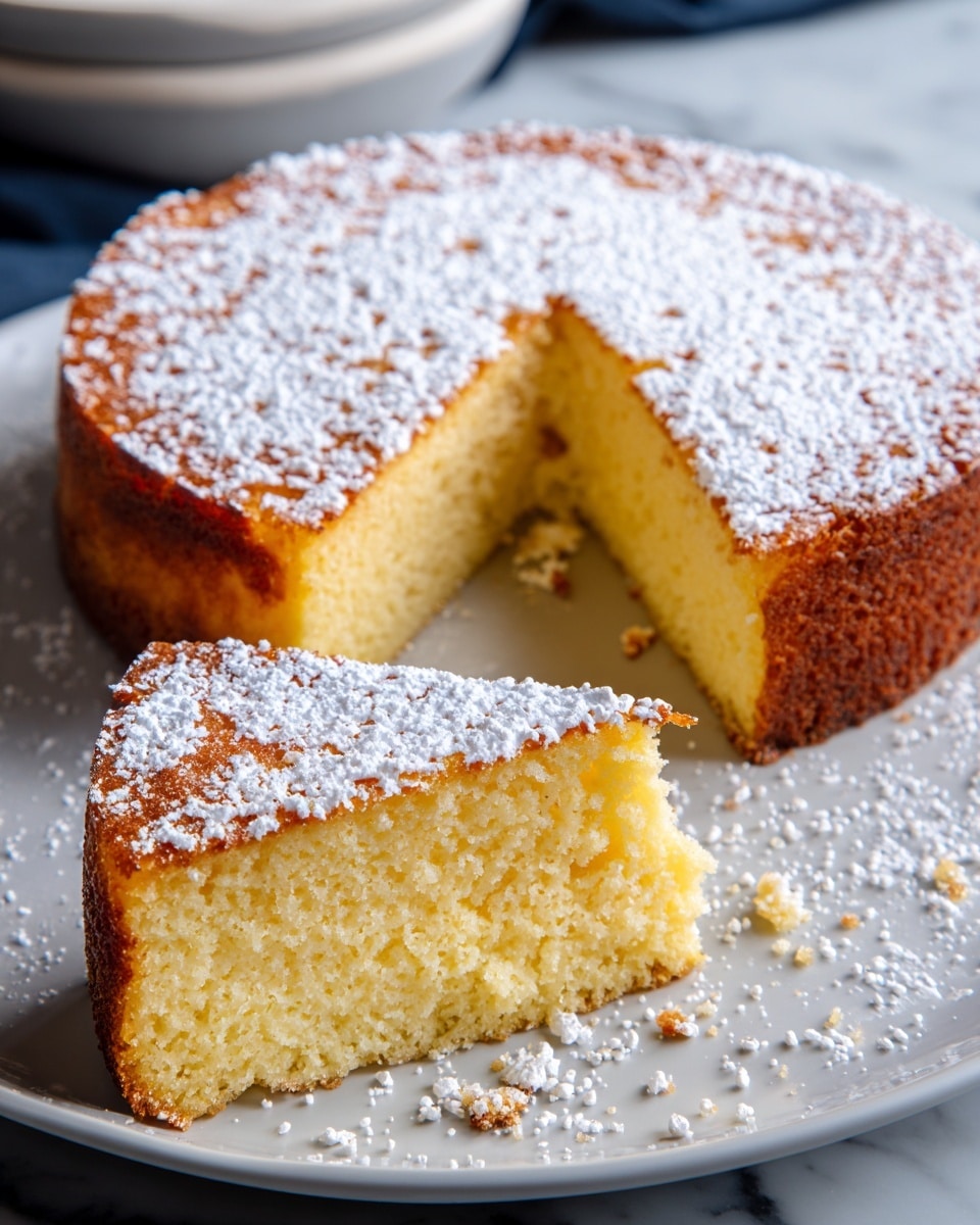 A round, single-layer light yellow cake with a golden brown crust on top and around the edges sits on a white plate. A small slice is cut out and placed next to the cake, showing the soft, airy texture inside. The cake and plate are dusted with white powdered sugar, scattered lightly on the cake surface and around the plate. The background has a white marbled texture. Photo taken with an iphone --ar 4:5 --v 7