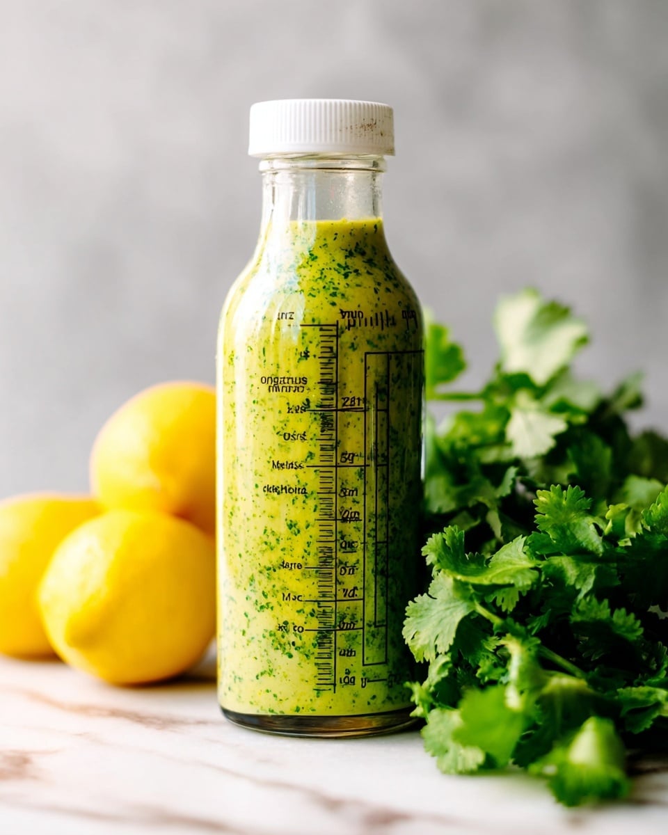The image shows a clear glass bottle filled with a bright green, speckled sauce or dressing. The bottle has black measurement markings and ingredient notes printed on it. It is sealed with a white cap. To the left of the bottle, there are three yellow lemons, while to the right there is a bunch of fresh green cilantro with visible leaves. The items are placed on a white marbled surface with a soft, blurred background. Photo taken with an iphone --ar 4:5 --v 7