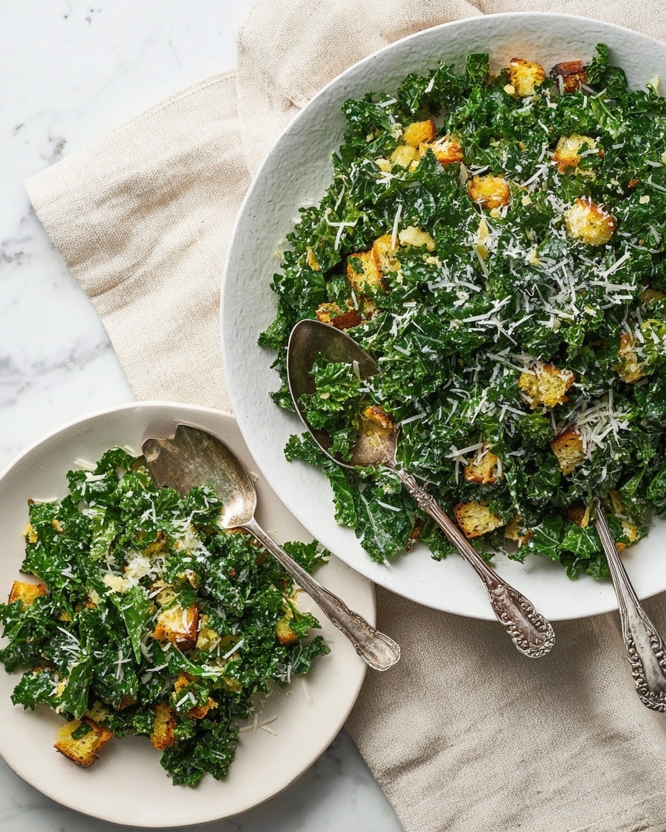 Two white plates are placed on a white marbled surface with a light beige cloth in the background. The larger plate on the right holds a green kale salad mixed with golden-brown toasted croutons and sprinkled with finely grated white cheese. Two ornate silver serving spoons lay on top of the salad. The smaller plate on the left contains a similar kale salad portion with visible green leafy texture, toasted croutons, and cheese shreds on top. The salad looks fresh and lightly tossed, with the kale leaves finely chopped but still vibrant. Photo taken with an iphone --ar 4:5 --v 7