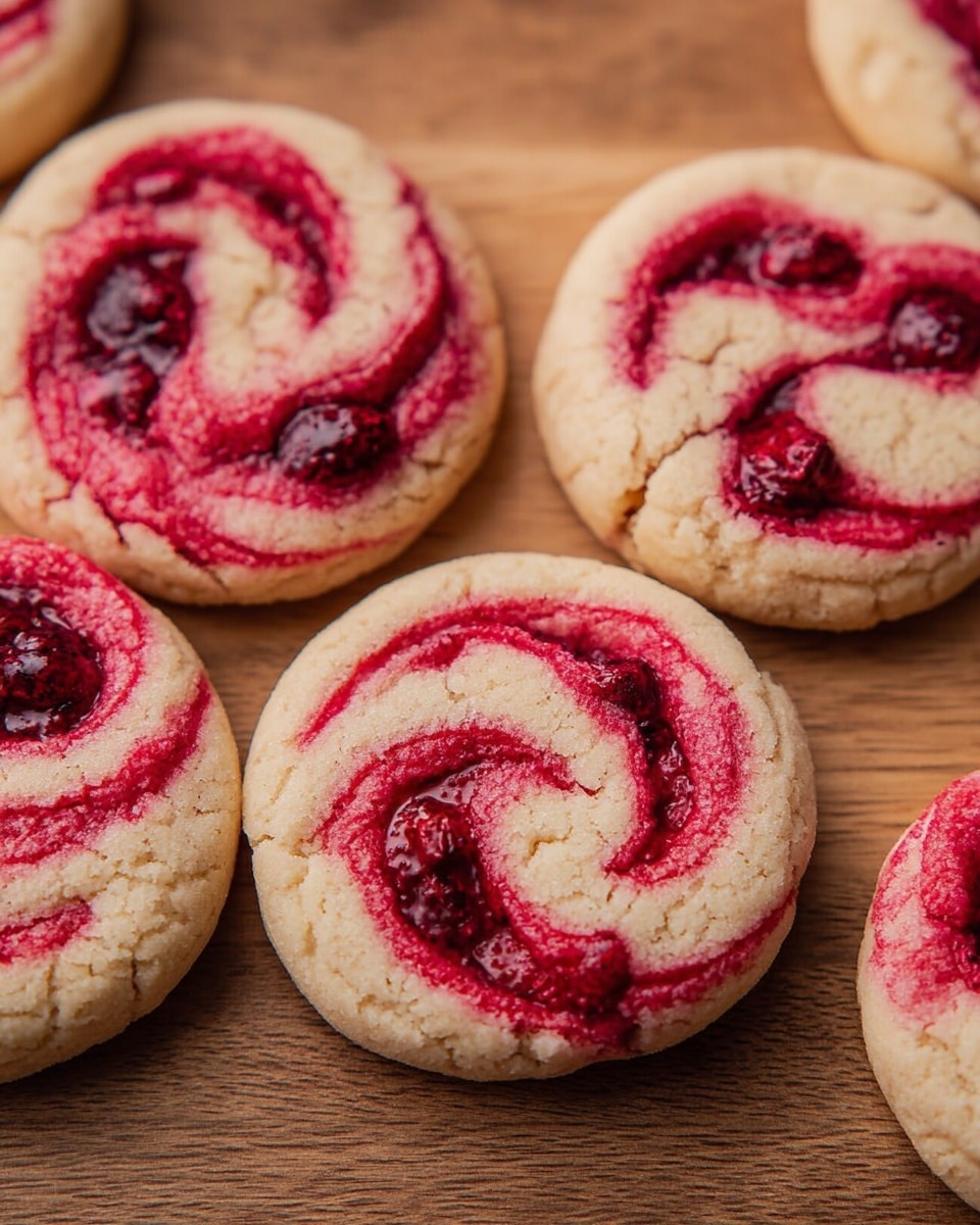 The image shows several round cookies with a light beige base that looks soft and crumbly. Each cookie has a swirl of bright red and pink berry jam embedded on top, creating a marbled effect with some whole berries visible within the jam. The cookies rest closely together on a wooden surface. The light color of the cookie dough contrasts strongly with the rich red of the berry swirl, making the pattern swirl uniquely on each cookie. photo taken with an iphone --ar 4:5 --v 7