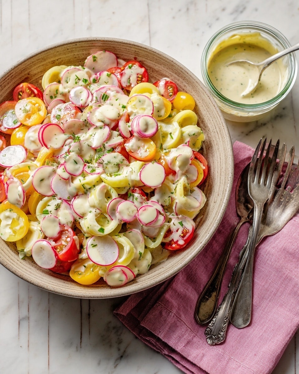 A tan bowl filled with a layered salad featuring a base of halved cherry tomatoes in red and yellow shades, thinly sliced celery with a pale green color and crisp texture, and plenty of thin radish slices with white centers and pink edges scattered on top. The salad is dressed with a light creamy dressing drizzled unevenly over the ingredients. Bits of chopped fresh green herbs add a touch of bright color throughout. To the right of the bowl, there is a clear glass jar containing more of the creamy dressing, placed on a folded pink cloth napkin with a vintage silver spoon and fork resting on it, all set on a white marbled surface. photo taken with an iphone --ar 4:5 --v 7
