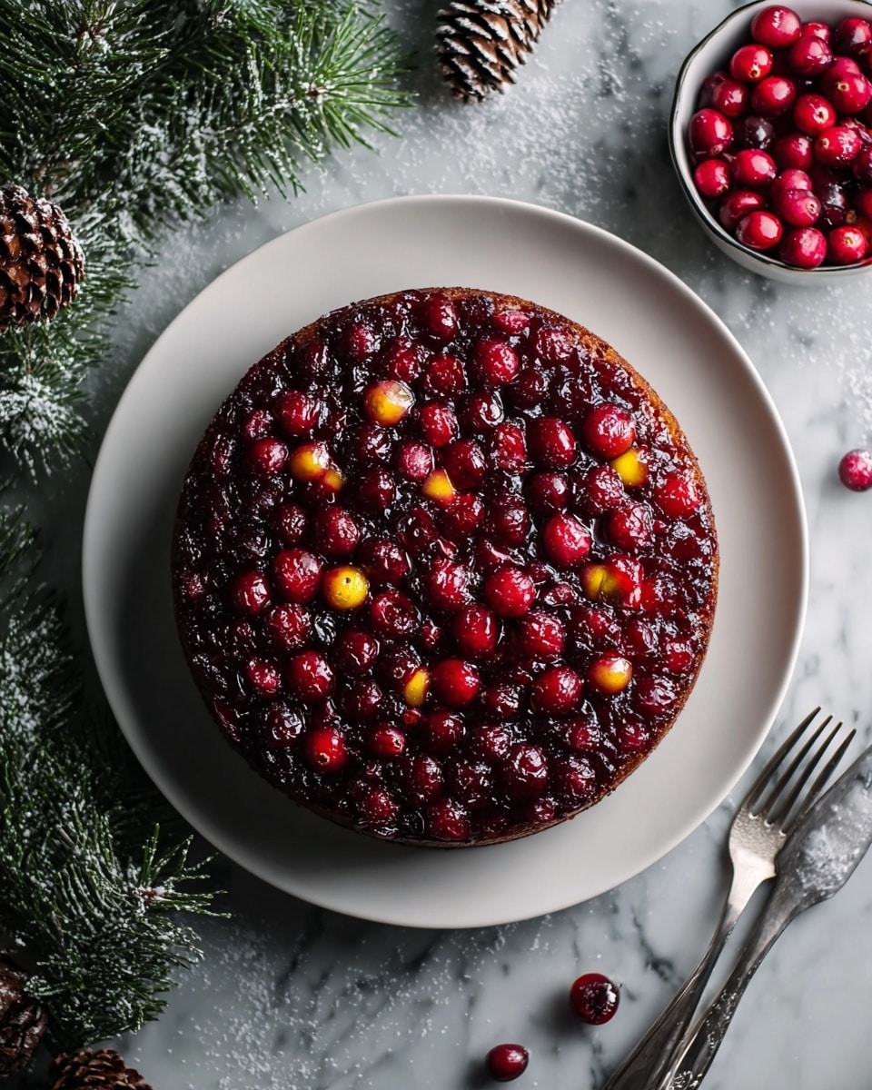 A round cake with a glossy dark red layer on top covered in whole and halved cranberries and small yellow fruit pieces, sitting on a white plate. The cake has a dark brown base layer emitting a moist texture, while the fruit topping adds bright red and yellow colors with a shiny glaze. To the right of the plate, there is a small bowl filled with more cranberries and a silver fork rests nearby. On the left side, green pine branches with cones partly decorate the scene, which is set on a white marbled surface dusted lightly with white powder. photo taken with an iphone --ar 4:5 --v 7