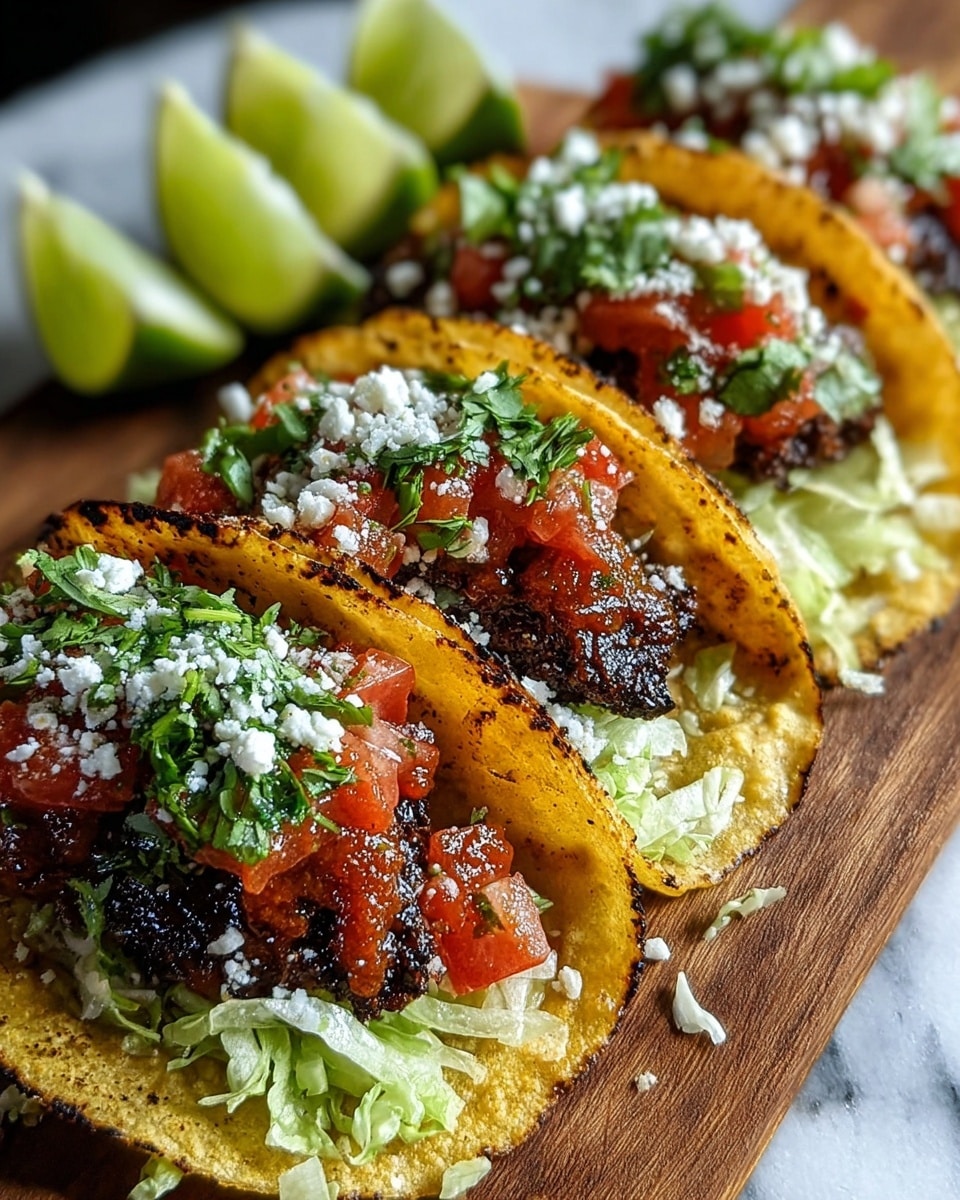 A row of four small tacos on a wooden platter is shown, each taco made with a yellow corn tortilla that has a slightly crispy texture and charred edges. The bottom layer inside the tortilla is shredded light green lettuce, topped with a thick piece of dark brown, grilled meat coated with a bright red sauce. Above the meat, there are small diced red tomatoes and finely chopped green cilantro, sprinkled with white crumbled cheese all over. In the background, lime wedges add a bright green contrast. The photo is taken on a white marbled surface. photo taken with an iphone --ar 4:5 --v 7