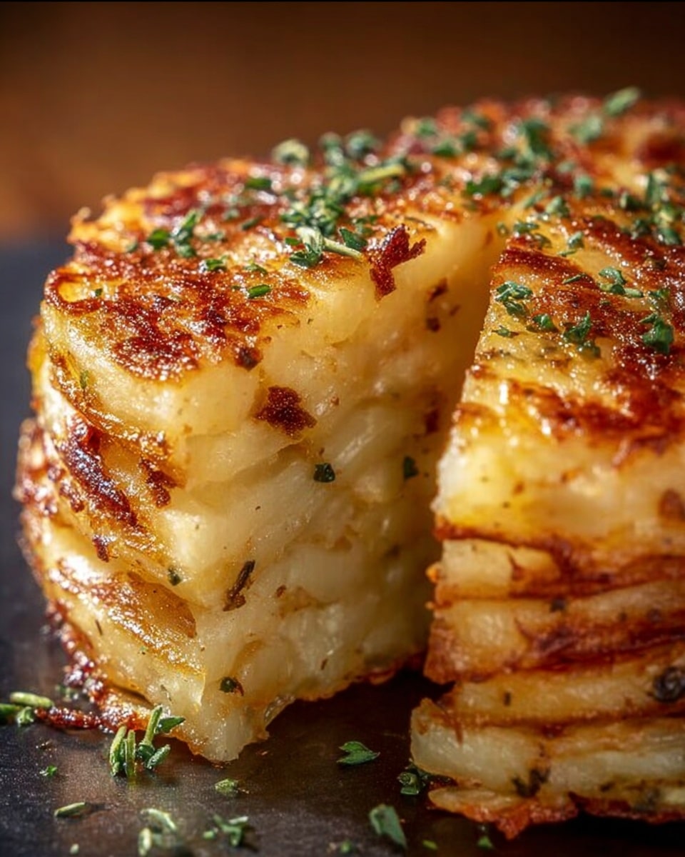 A round, thick stack of two layers of golden-brown hash browns with crispy, browned edges and a tender inside is shown. The top layer is sliced slightly to reveal the soft, creamy texture inside. Small green herbs are sprinkled on the top surface, adding color contrast, while the crispy browned bits offer texture variation. The stack sits on a dark surface with a blurred background to focus on the detailed layers of the hash browns. photo taken with an iphone --ar 4:5 --v 7