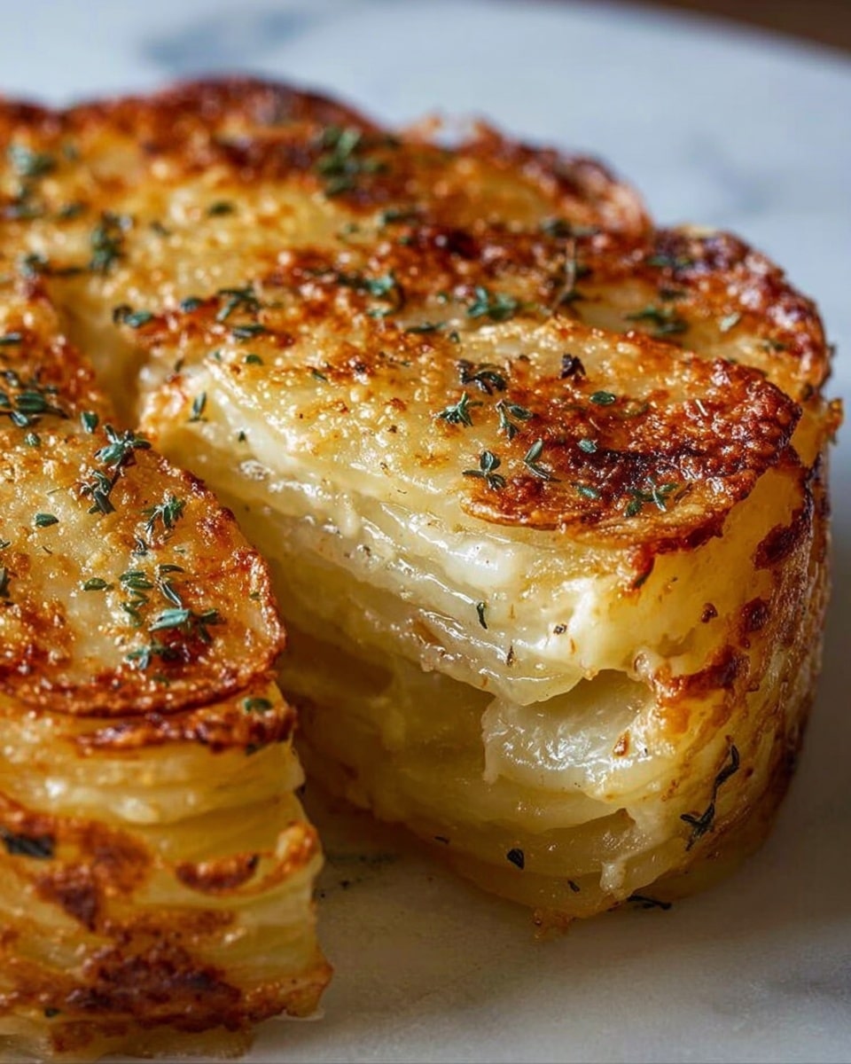 The image shows a close-up of a thick, round, golden-brown potato gratin with three visible layers. The top layer is crispy and browned with bits of herbs sprinkled on it, giving a textured and slightly crunchy look. The middle layer is creamy and smooth, pale yellow in color, showing melted cheese and soft potato slices. The bottom layer looks like a slightly dense, cooked potato base with a light golden tint. A wedge is cut out from the gratin, showing the layers clearly. The whole dish sits on a white marbled surface. Photo taken with an iphone --ar 4:5 --v 7