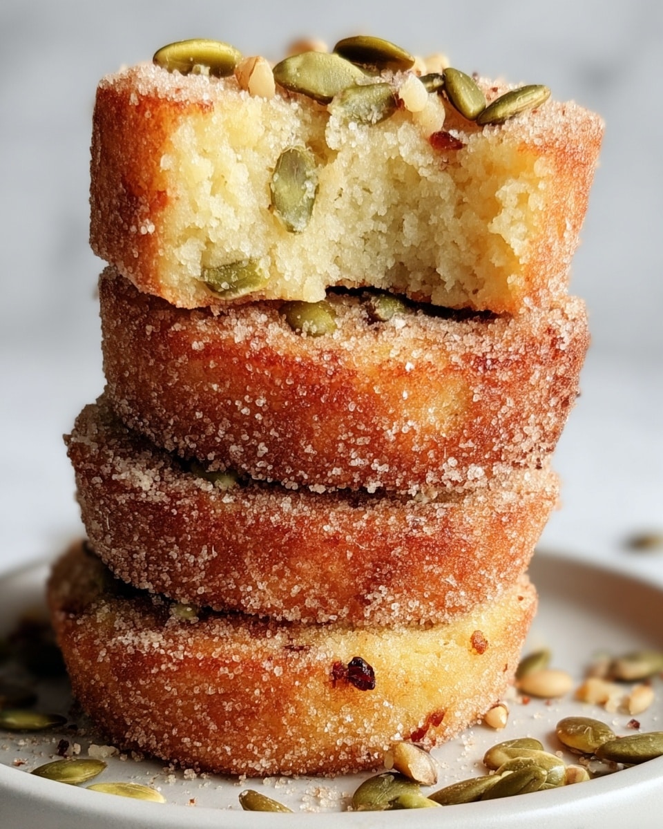 A close-up image shows a stack of three thick, round cakes with a crumbly, sugar-coated golden brown crust. The top cake is bitten, revealing a soft, pale yellow interior embedded with green pumpkin seeds and small nuts, adding texture inside. The edges of each cake are slightly crisp and browned. The cakes are placed on a simple white plate, with extra pumpkin seeds and crumbs scattered around. The background is a clean white marbled texture. photo taken with an iphone --ar 4:5 --v 7