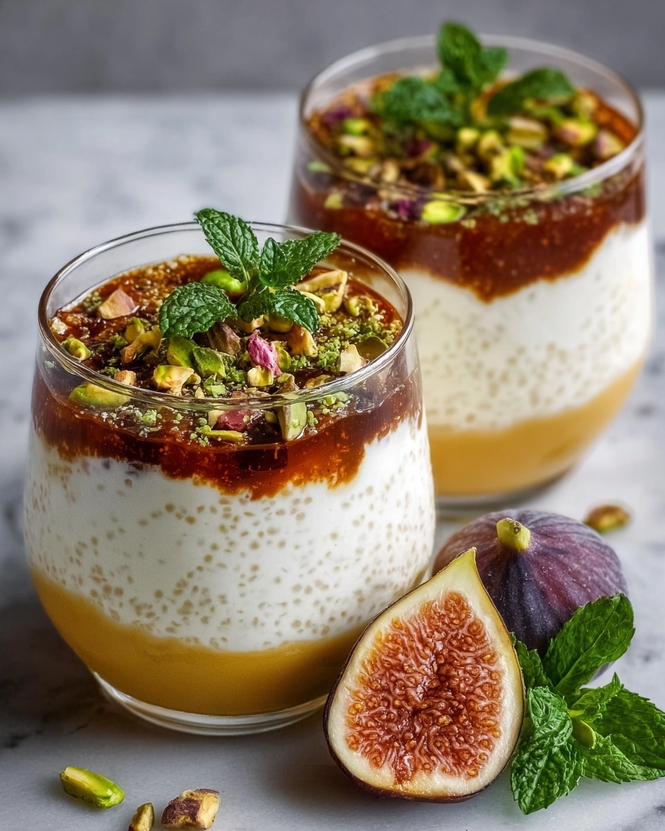 Two clear round glasses sit on a white marbled surface. Each glass has three distinct layers: the bottom layer is thick and golden-brown, the middle layer is creamy white with small grain-like texture, and the top layer is dark amber with a rough texture from chopped nuts and crushed green pistachios. On top, there is a half fig slice with its inner red and tan seeds visible, a few thin orange zest curls, and a fresh bright green mint leaf. Near the glasses are two fig slices showing their seedy insides. photo taken with an iphone --ar 4:5 --v 7