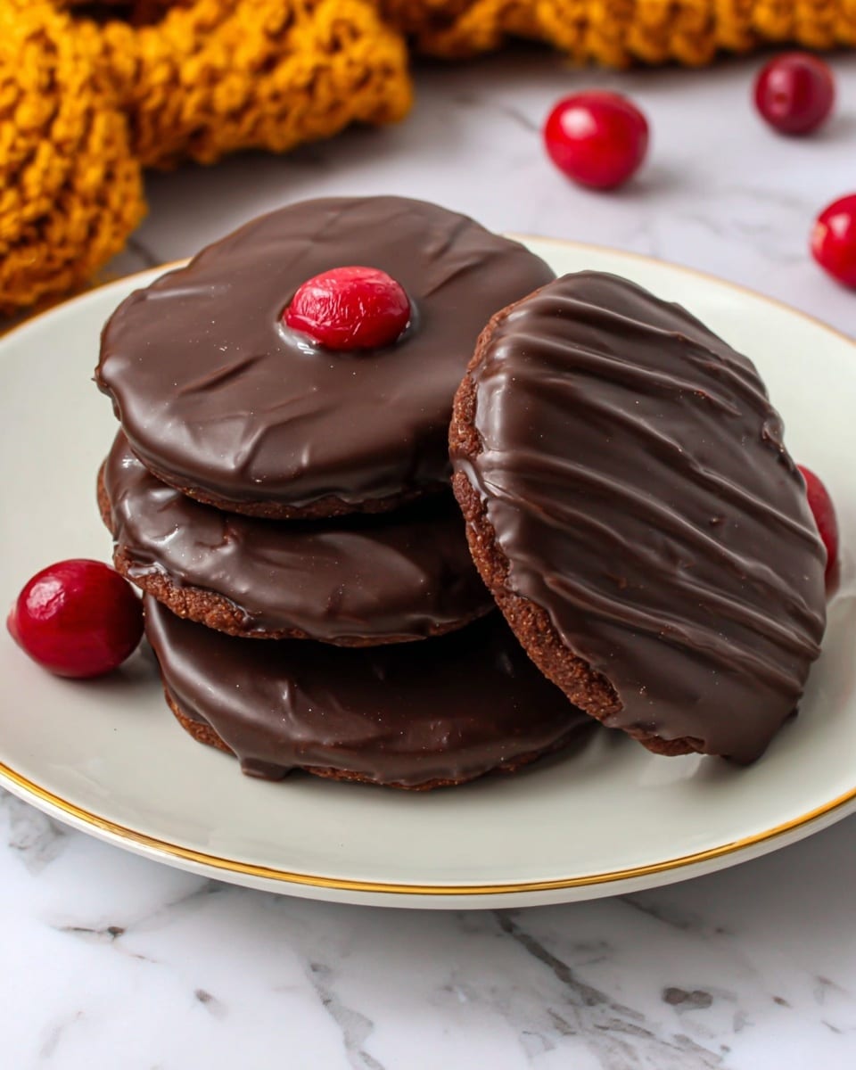 Five chocolate-covered round cookies are stacked on a white plate with a thin gold rim. Four of the cookies have a textured chocolate surface with wavy lines, showing a dark brown color and a smooth, glossy finish. One cookie in the middle of the stack has a smooth chocolate surface with a single shiny red cherry placed on top. The plate rests on a white marbled surface, and red cherries are scattered around the plate, adding a pop of color. In the background, there are some blurred orange and yellow knitted decorations. photo taken with an iphone --ar 4:5 --v 7
