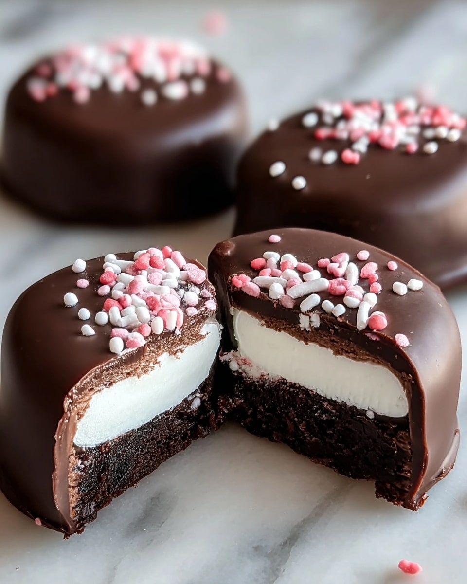 The image shows three round chocolate-covered treats on a white marbled surface, with one cut in half to reveal three layers: a dark, dense-looking chocolate cake base at the bottom, a thick white marshmallow center in the middle, and a smooth dark chocolate coating covering the entire treat. The top of each treat is decorated with small pink and white sprinkles scattered evenly. The texture contrasts between the soft marshmallow, moist cake, and shiny chocolate coating are clear. photo taken with an iphone --ar 4:5 --v 7