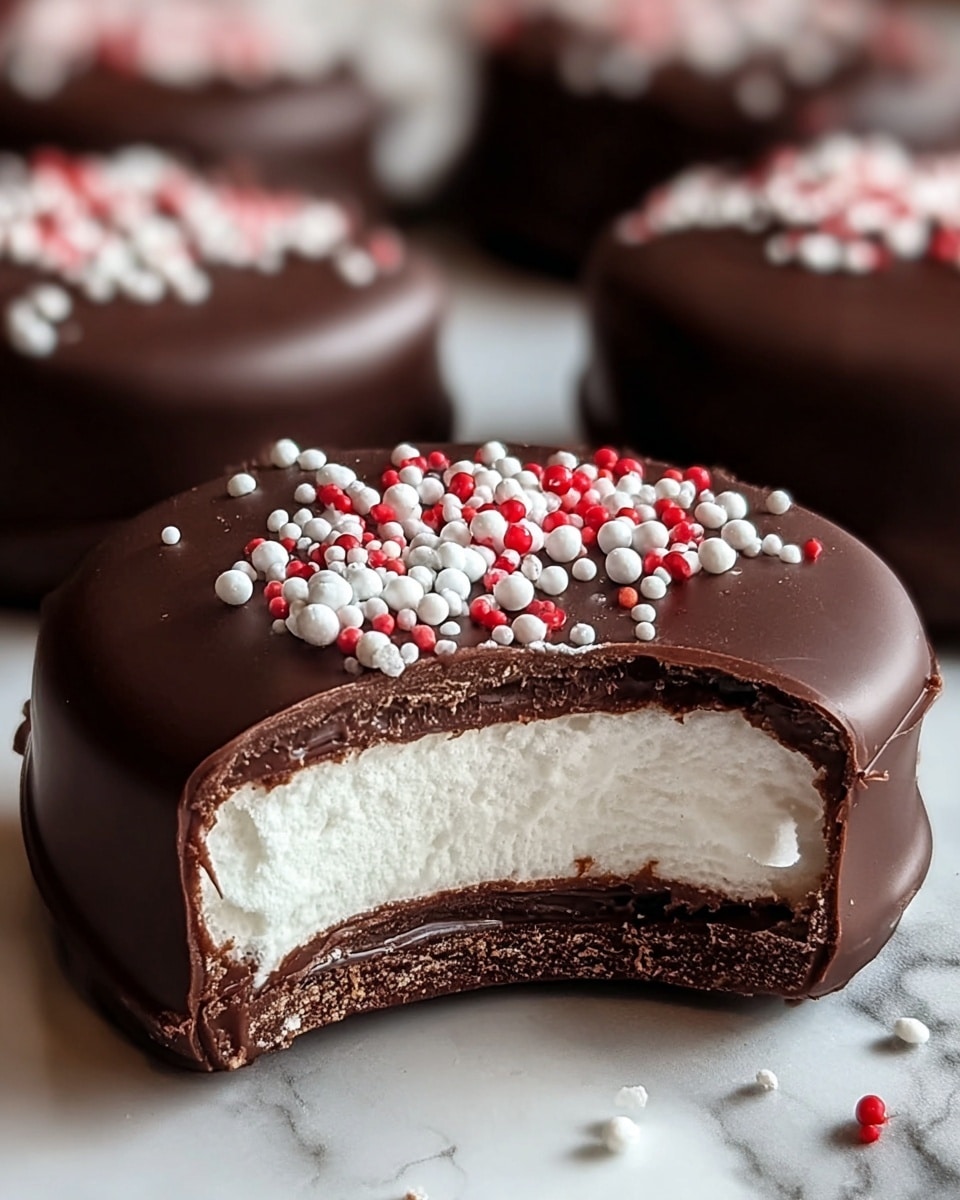 A close-up of a round chocolate-covered treat shows a bite taken out, revealing three visible layers: a smooth dark brown chocolate outer shell, a thick middle layer of soft, white marshmallow, and a thin bottom layer of dark chocolate. The top is decorated with small, round white and red sprinkles, creating a festive look. The background features a white marbled texture with other whole treats blurred in the distance. photo taken with an iphone --ar 4:5 --v 7
