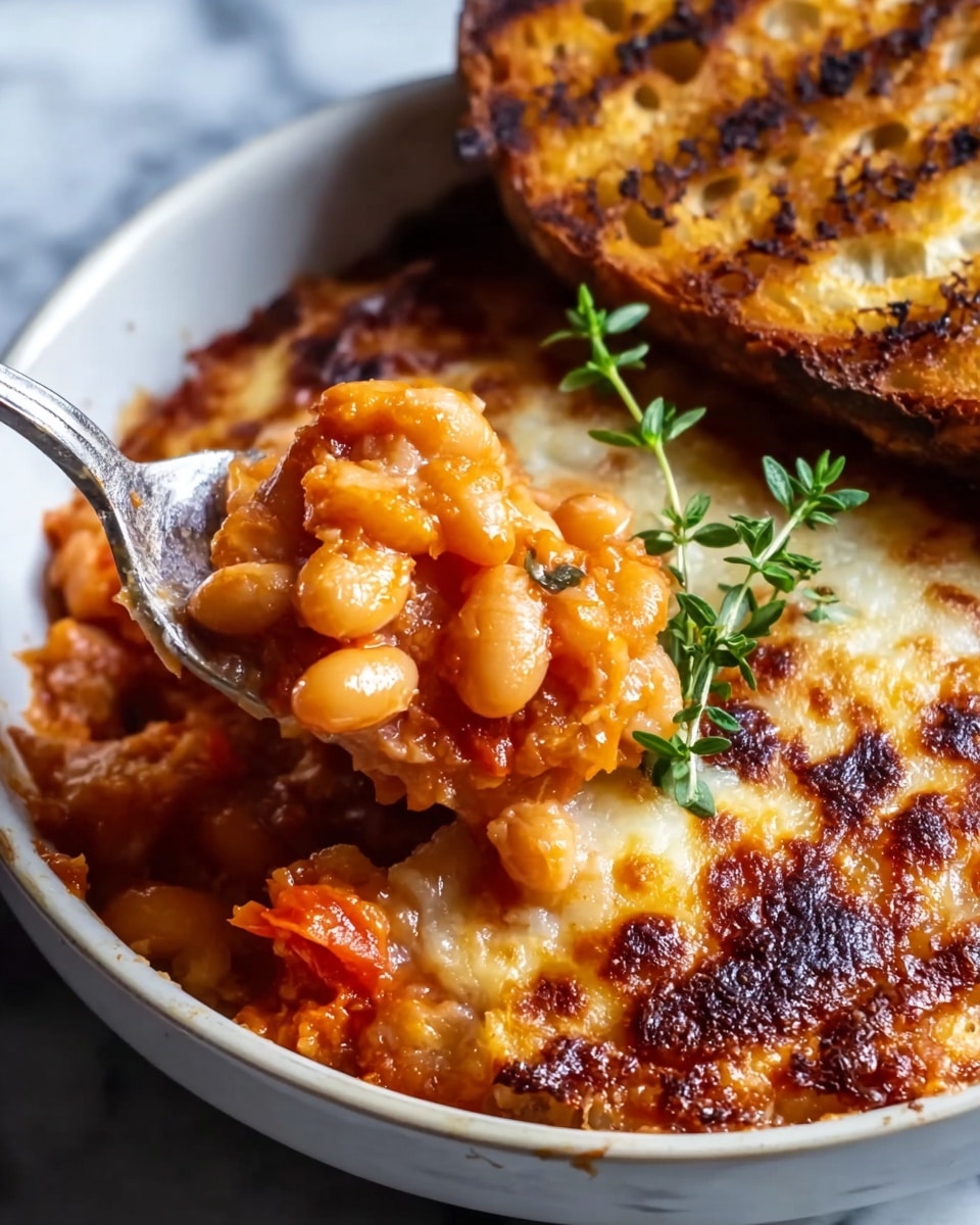 A close-up of a white bowl with baked beans covered in a golden-brown crispy cheese layer on top; the beans are soft and orange with tomato pieces mixed in beneath the cheese, showing a slightly rough texture from the melted and browned cheese with some blackened spots; a small green sprig of thyme lies on top for garnish, while a silver spoon is scooping a portion from the right side; in the background, a piece of toasted bread with grill marks leans against the bowl; the entire scene rests on a white marbled surface photo taken with an iphone --ar 4:5 --v 7