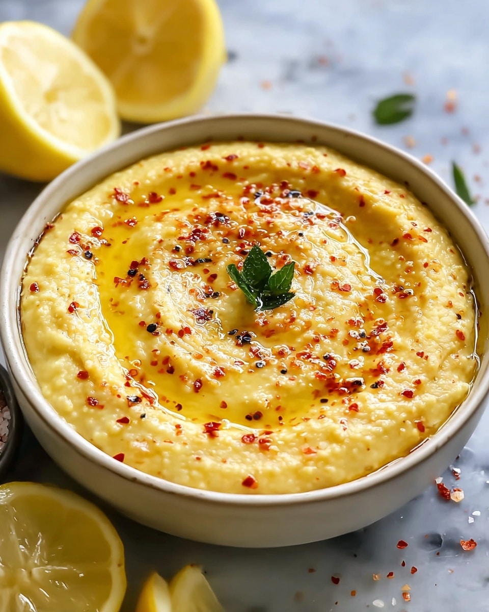 A close-up of a bowl filled with a creamy, yellow hummus that is smooth with some texture from chickpeas. The hummus has a swirl pattern on the top layer, drizzled with golden olive oil. It is sprinkled with red paprika and cracked black pepper, and garnished with a small green herb in the center. The bowl is white, placed on a white marbled surface with halved lemons and some coarse salt scattered nearby. Photo taken with an iphone --ar 4:5 --v 7