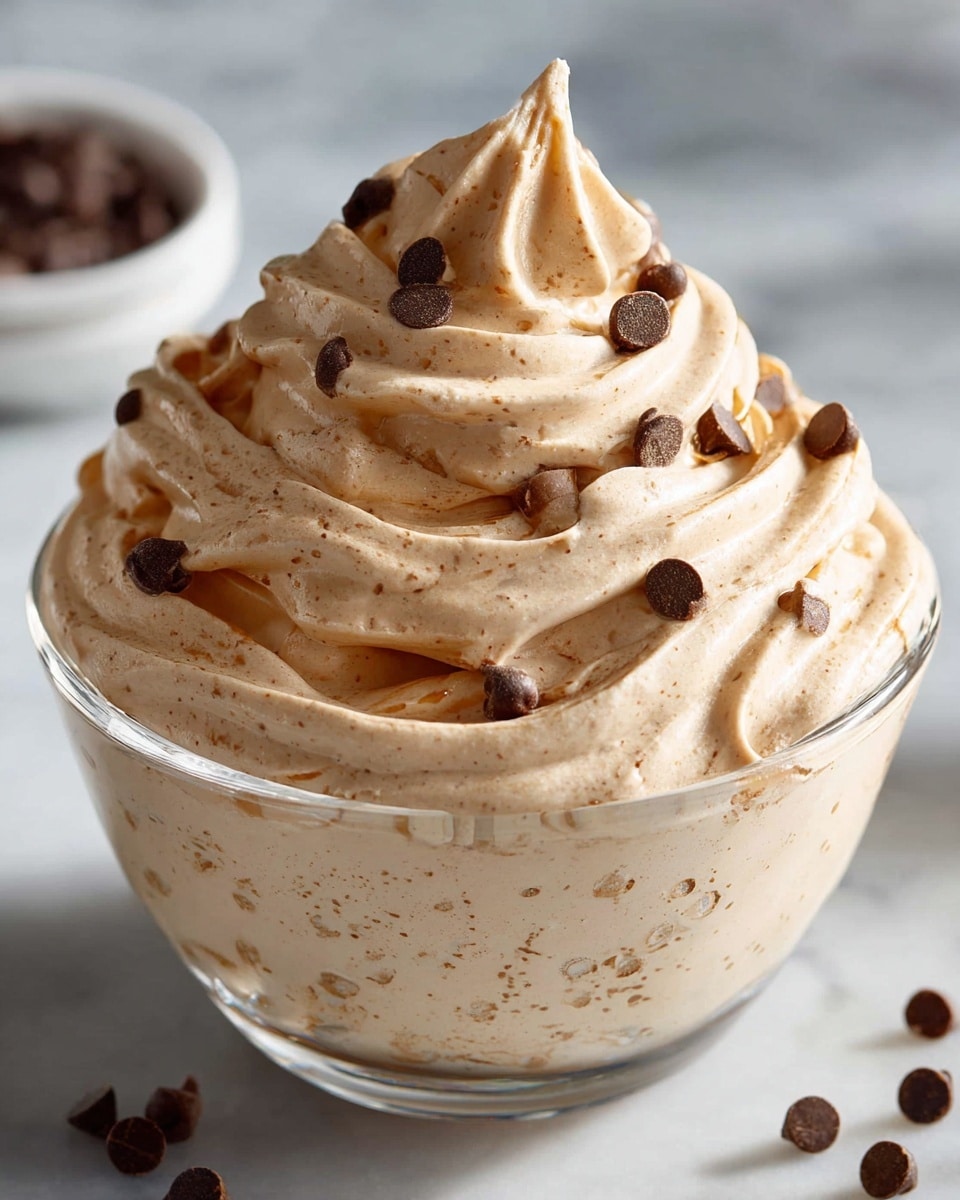 A clear glass bowl filled with a creamy, light brown mousse that has a smooth, whipped texture mixed with fine specks. The mousse is generously swirled on top in thick, even layers, rising in a peak at the center. Scattered on the surface are small, dark brown chocolate chips, adding texture contrast against the soft mousse. The bowl is set on a white marbled surface with soft lighting highlighting the creamy texture and glossy chocolate chips. Photo taken with an iphone --ar 4:5 --v 7