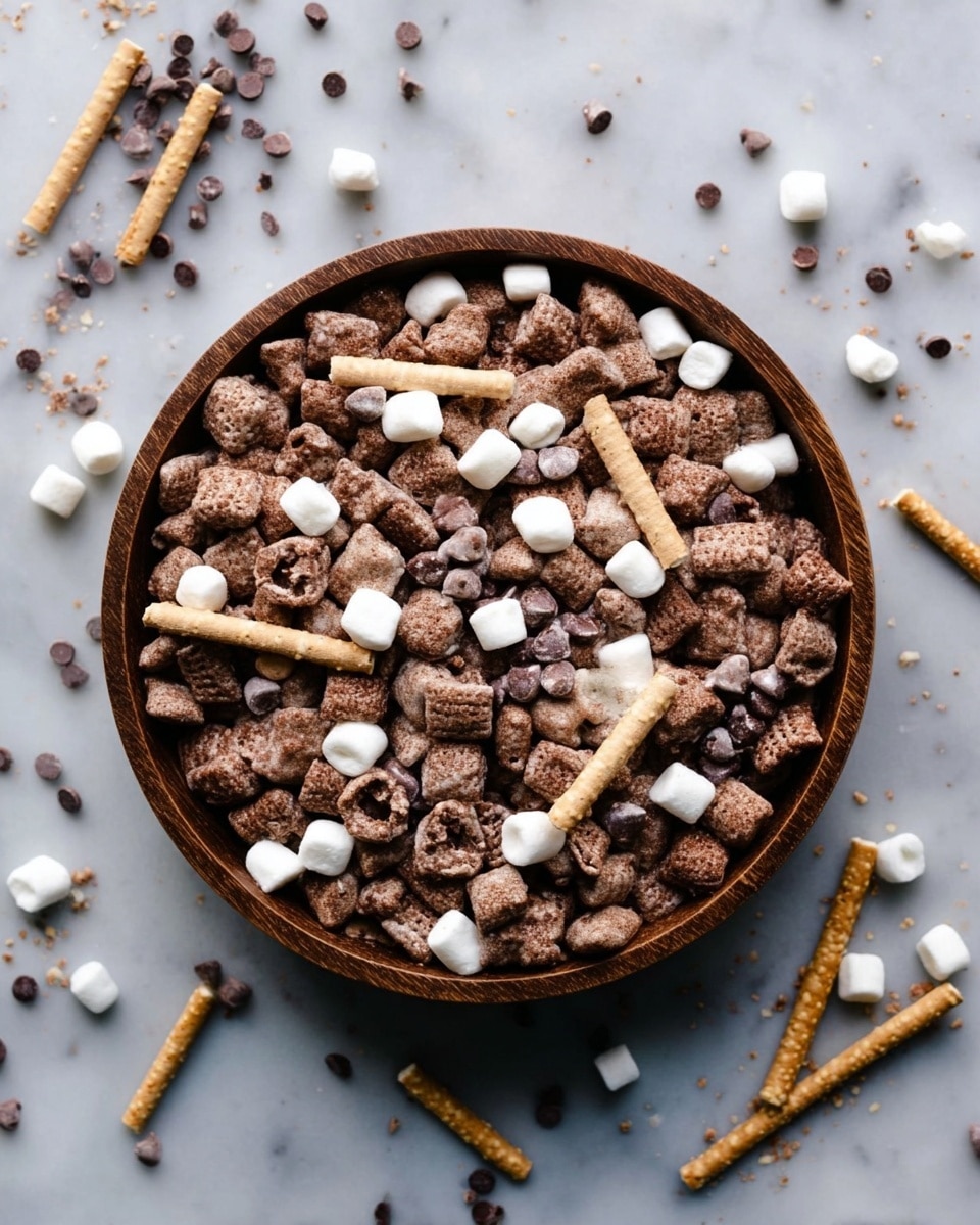 A round wooden bowl filled with a mix of brown chocolate pillow-shaped cereal pieces as the main layer, topped with small white mini marshmallows, small dark chocolate chips, and beige rolled wafer sticks scattered evenly on top. The bowl sits on a surface with a white marbled texture, with a few wafer sticks and bits of marshmallows and chocolate chips scattered around the bowl. photo taken with an iphone --ar 4:5 --v 7