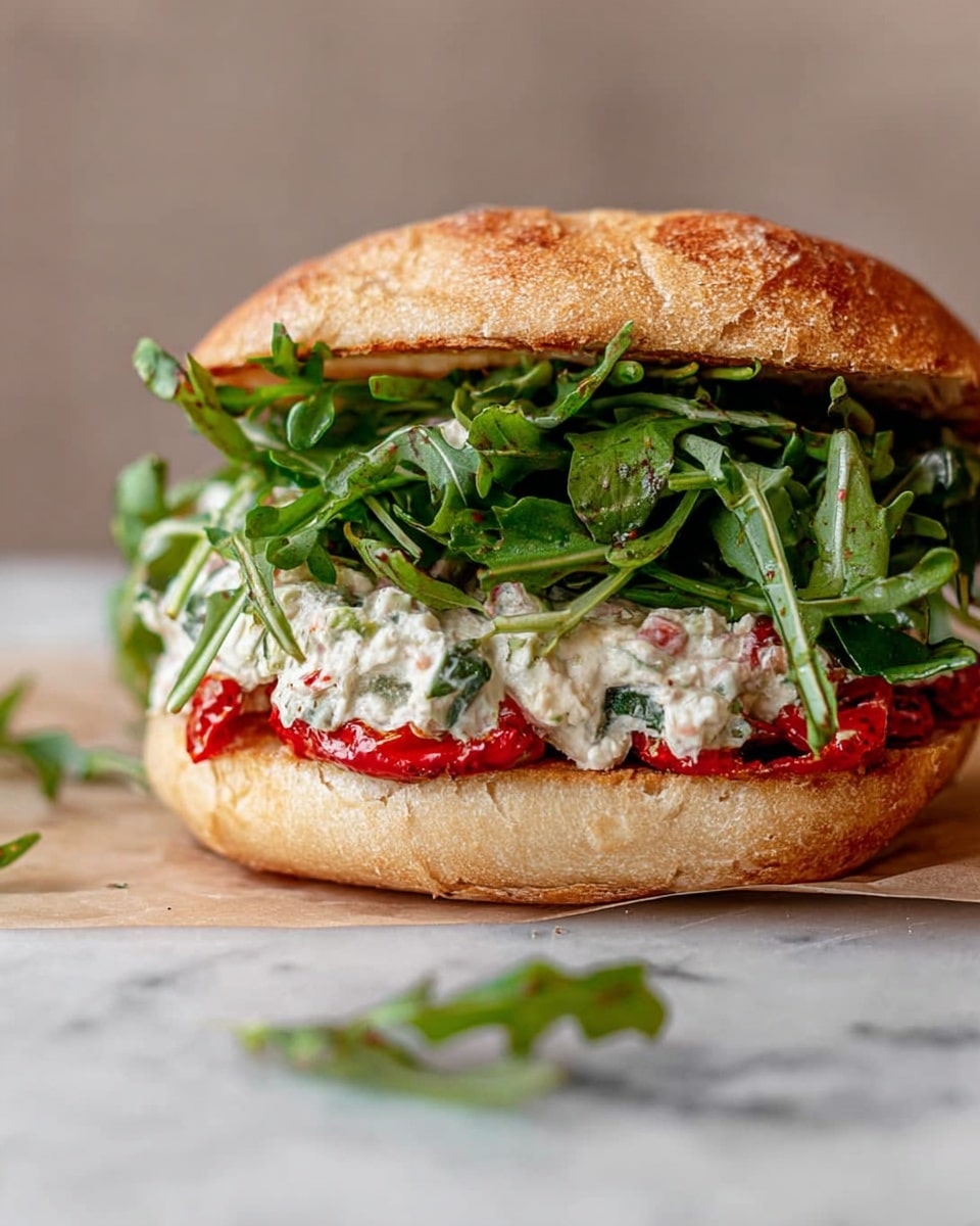 A sandwich with a toasted light brown bun, slightly crispy on the top and soft on the bottom. The bottom layer has red roasted peppers, topped with a creamy white spread mixed with green herbs and small bits of red. Above this is a large pile of fresh, bright green arugula leaves with a slightly crinkled texture. The sandwich is resting directly on a white marbled surface, with some stray green leaves around. photo taken with an iphone --ar 4:5 --v 7