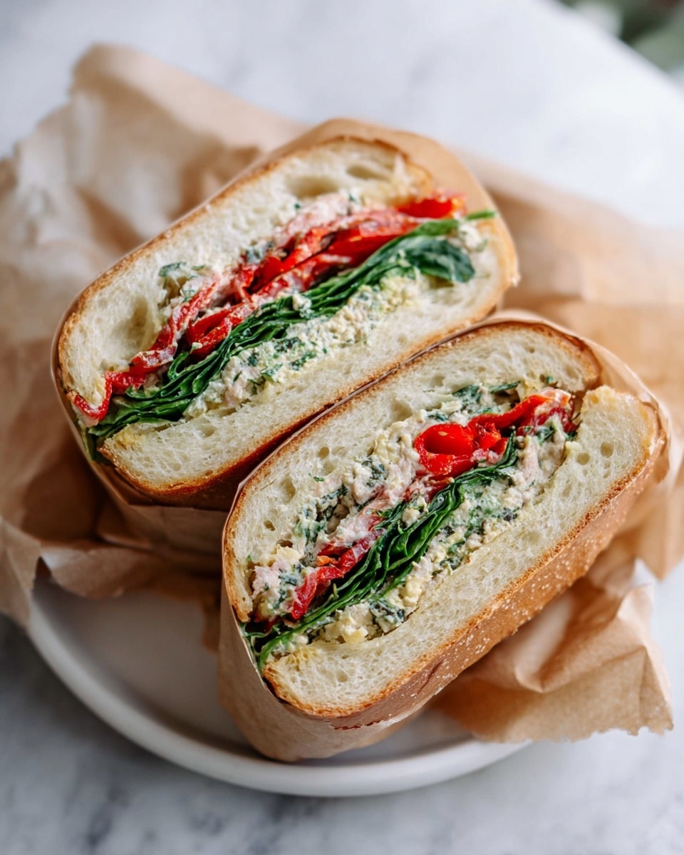 This image shows a sandwich cut in half and wrapped in light brown paper, placed on a white plate with a white marbled surface underneath. The sandwich has three noticeable layers inside a soft, light tan bun: the bottom layer is bright green leafy spinach, the middle layer is creamy white spread mixed with herbs and small food pieces, and the top layer has thin, red strips of roasted bell pepper. The sandwich looks fresh and well-packed, with the paper slightly curled around the edges. Photo taken with an iphone --ar 4:5 --v 7