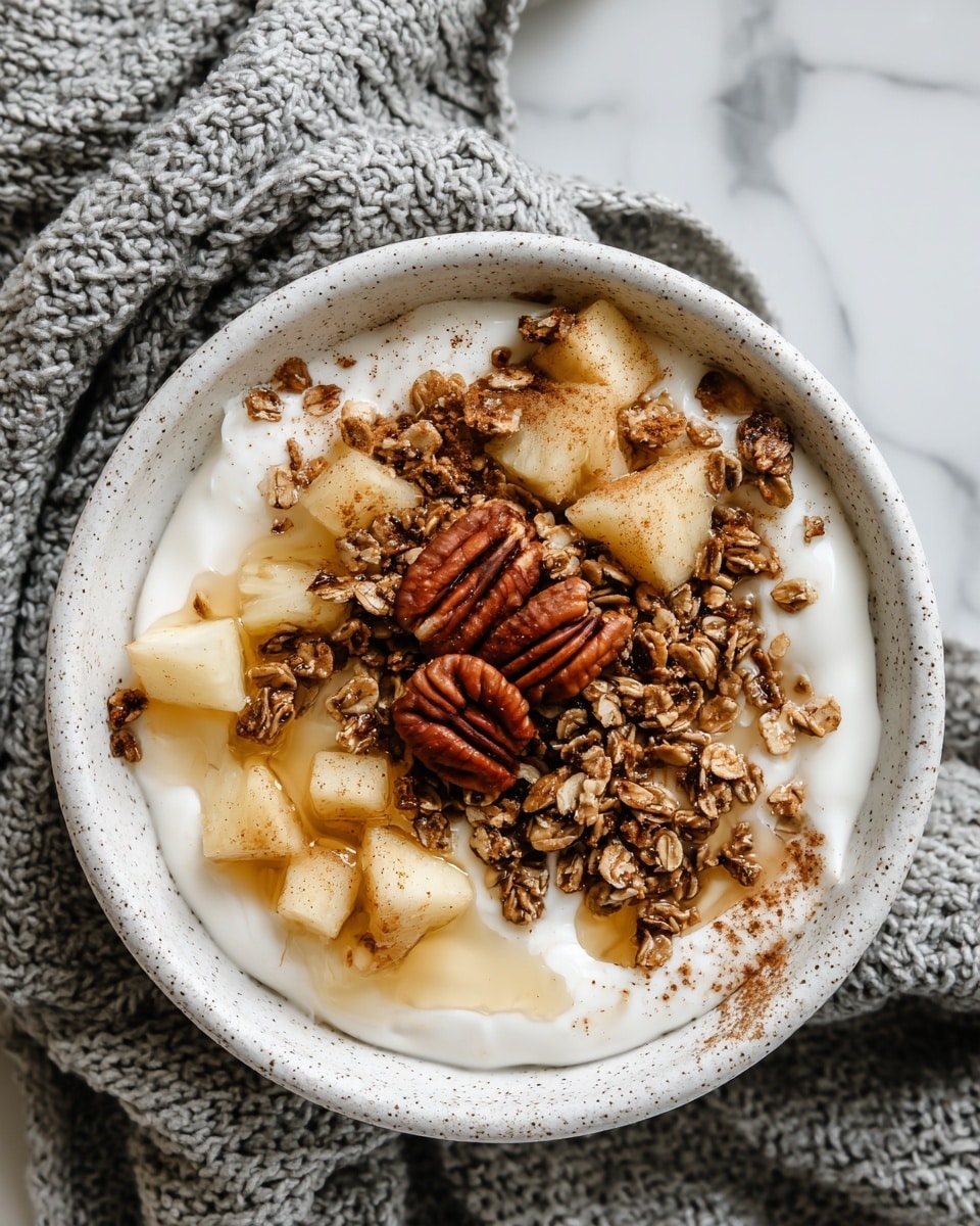 A white speckled bowl filled with a thick white creamy base at the bottom, topped with a mix of golden pineapple chunks and brown granola pieces scattered evenly. In the center, there is a small pile of whole pecans, their shiny reddish-brown shells adding texture. A light drizzle of honey adds a shiny amber layer on top, with a light dusting of brown cinnamon powder spread across the fruit and granola. The bowl is placed on a soft gray knitted cloth, and the surface beneath shows a white marbled texture. Photo taken with an iphone --ar 4:5 --v 7