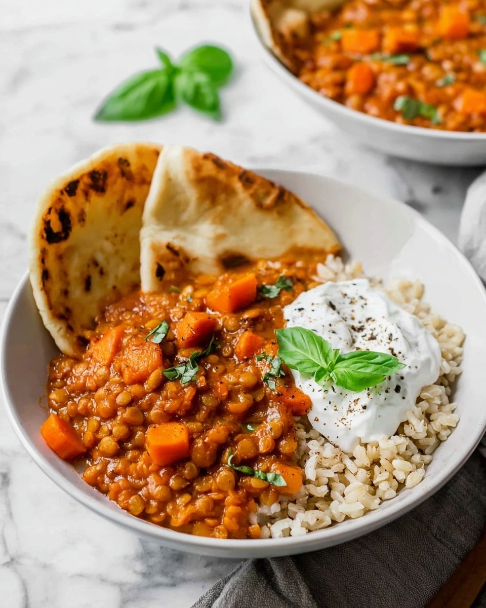A white bowl filled with a base layer of brown rice topped with a thick orange-red lentil stew containing chunks of carrot and small green herb pieces. On one side of the bowl, two pieces of toasted flatbread with light charring rest against the stew. A dollop of white yogurt with a sprinkle of black pepper is placed near the flatbread, garnished with a small green basil leaf on top. The bowl is set against a white marbled surface with another similar bowl blurred in the background. Photo taken with an iphone --ar 4:5 --v 7