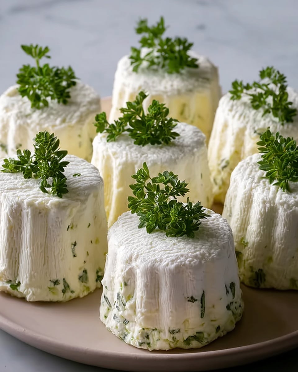 Six small white cheese rounds with a rough, textured surface and small green herb pieces mixed in are placed close together on a white plate. Each round is topped with a small bunch of fresh green herbs. The cheese has a creamy, soft appearance with vertical ridges running down the sides. The scene is set against a white marbled texture background. photo taken with an iphone --ar 4:5 --v 7