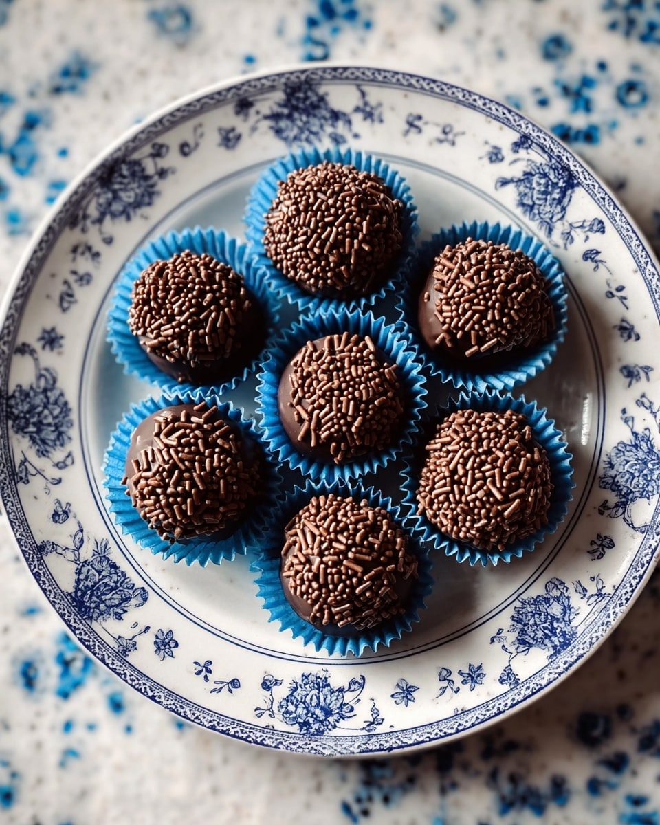 Seven small round chocolate treats covered evenly in tiny brown chocolate sprinkles are placed on a white plate with a blue floral pattern around the edge. Each treat sits in a blue paper cup, showing a textured, glossy chocolate surface beneath the sprinkles. The plate rests on a white marbled surface with hints of blue patterns softly blurred in the background. The chocolate treats are arranged closely in the center of the plate, making a pleasing cluster. photo taken with an iphone --ar 4:5 --v 7