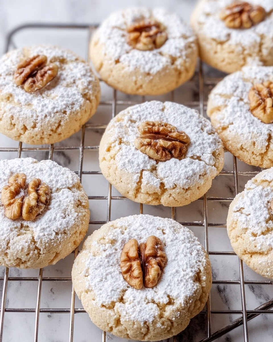 The image shows several round cookies on a cooling rack over a white marbled surface. Each cookie has a light golden color with a crumbly texture, dusted with a generous layer of white powdered sugar on top. At the center of each cookie, there is a single walnut half, slightly pressed into the dough. The cookies are evenly spaced, highlighting the contrast between the powdered sugar, the nut, and the golden cookie base. Photo taken with an iphone --ar 4:5 --v 7