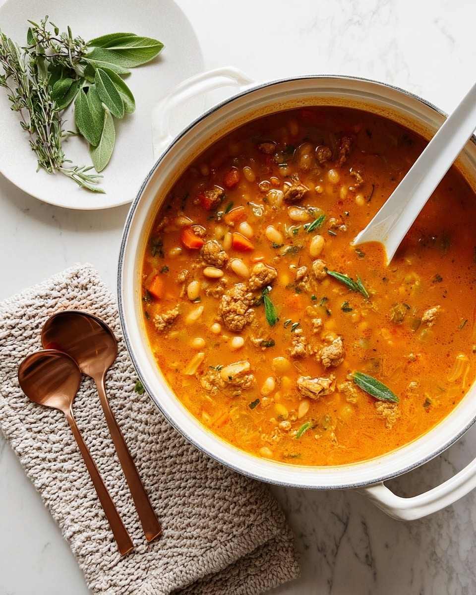 A round white pot filled with a thick orange stew that has visible chunks of brown meat, white beans, small orange carrot pieces, and green herb leaves floating on top, with a white ladle resting inside the pot. The stew has a creamy texture with small bits spread evenly. Next to the pot is a white plate with fresh green herbs laid on top, sitting on a thick knitted beige cloth. Two spoons, one silver and one copper-colored, lie beside the pot on a white marbled surface. photo taken with an iphone --ar 4:5 --v 7