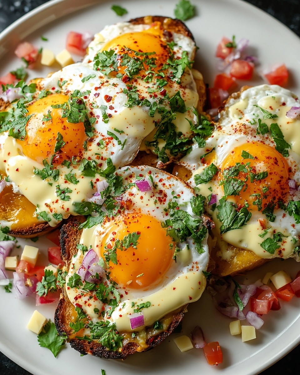 A white plate holds four toasted pieces of bread, each topped with a fried egg showing bright yellow orange yolks or a soft white yolk, and draped in a creamy light yellow sauce. The eggs are sprinkled with red chili powder and finely chopped fresh green herbs. Between the eggs, scattered small cubes of pale yellow cheese and bits of red onion add color and texture. Around the edges of the plate, there are diced red tomatoes, more chopped herbs, and some leafy green cilantro, all set on a white marbled surface. photo taken with an iphone --ar 4:5 --v 7
