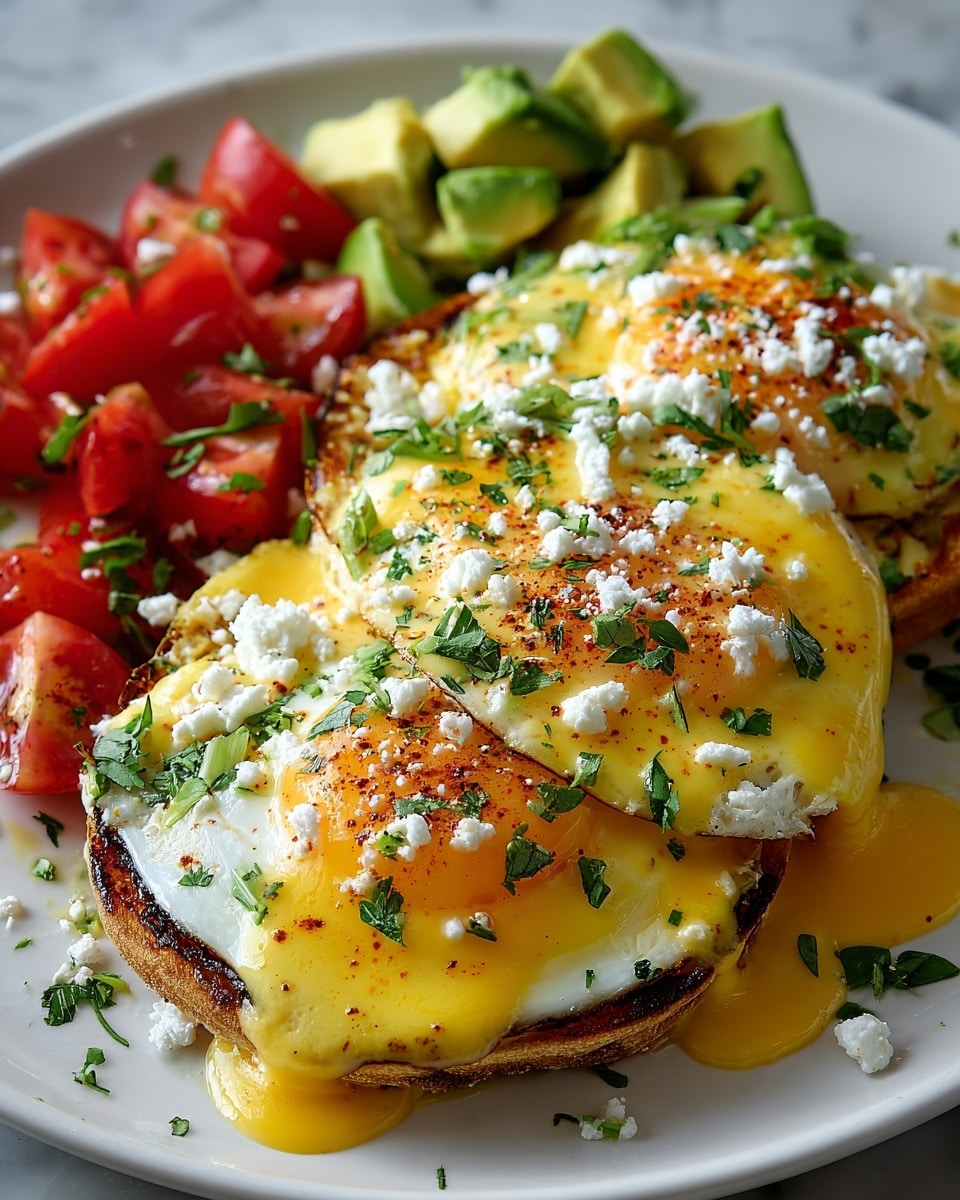 The dish shows three layers of toasted English muffins at the bottom, browned with a slightly crispy texture, topped by three perfectly cooked sunny-side-up eggs with bright yellow yolks and white edges. A smooth, creamy yellow hollandaise sauce covers the eggs and muffins, dripping slightly over the sides. Crumbled white cheese is sprinkled over the top along with chopped green herbs and a light dusting of red spices. On the side, there are fresh diced avocado pieces and quartered red tomatoes, all on a white plate placed on a white marbled surface. Photo taken with an iphone --ar 4:5 --v 7