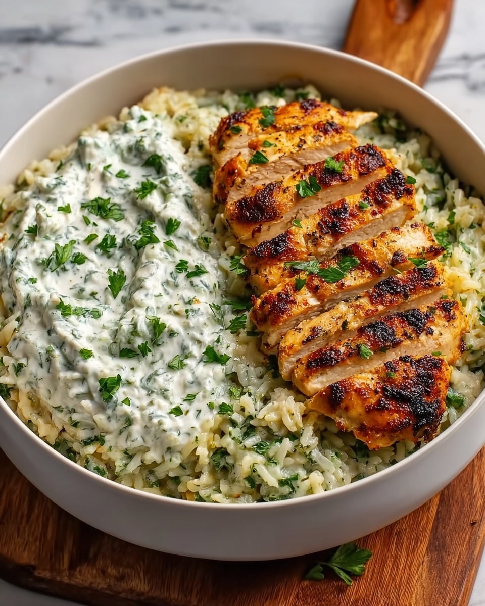 The image shows a white bowl filled with a creamy rice dish topped with grilled, golden-brown chicken slices arranged in a row on the right side. The rice is mixed with fresh herbs, giving it a light green flecked texture throughout. On the left side of the bowl, a thick white sauce with green herbs is spread over the rice, adding a creamy texture. The dish is garnished with chopped parsley sprinkled across the chicken and sauce for added color. The bowl is placed on a wooden board, and the background features a white marbled texture. Photo taken with an iphone --ar 4:5 --v 7
