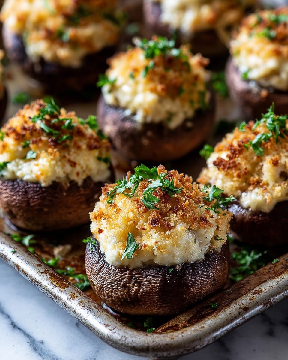Several stuffed mushrooms are placed on a metal baking tray. Each mushroom has a dark brown cap with a textured surface, filled with a creamy, light beige filling that is slightly overflowing. The topping is golden brown and crispy with a crumbly texture, and small pieces of fresh green herbs are sprinkled on top, adding a pop of color. The tray shows some roasted spots and scattered green herbs around the mushrooms. The whole scene sits on a white marbled surface. photo taken with an iphone --ar 4:5 --v 7