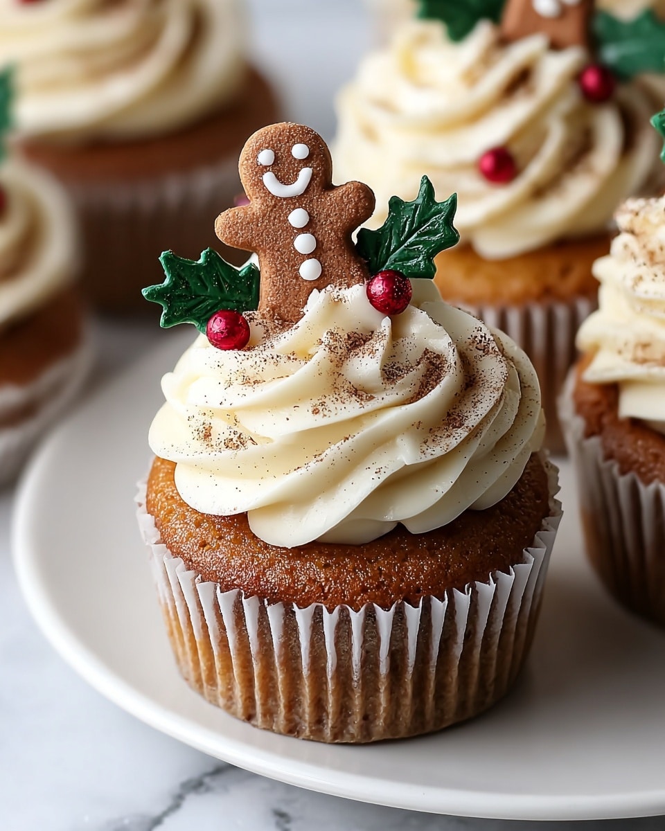 A close-up of a single cupcake placed on a white plate with a white marbled texture background. The cupcake has one visible layer of golden-brown cake, wrapped in a ridged white paper liner. On top, there is one thick swirl of creamy white frosting, dusted lightly with a dark brown spice powder. Garnishing the frosting is a small gingerbread man cookie with white icing details, positioned standing upright, and a small decoration designed like green holly leaves with shiny red berries next to it. In the background, other similar cupcakes with the same frosting, cookie, and holly decorations are softly out of focus. Photo taken with an iphone --ar 4:5 --v 7