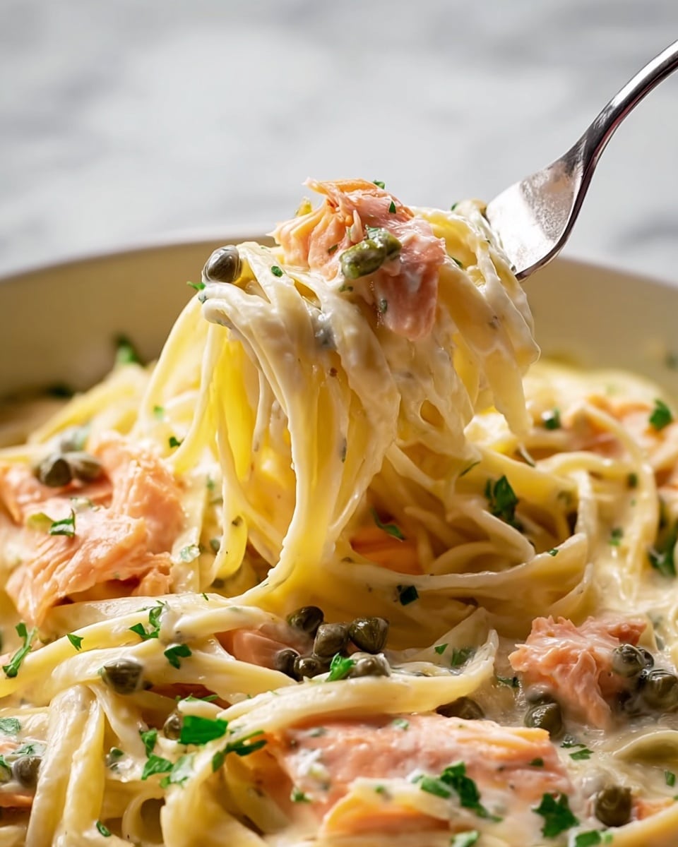 A close-up of creamy pasta with long, pale yellow noodles coated in a smooth white sauce, twirled around a silver fork lifted above the dish. Scattered in and around the noodles are soft pieces of pink salmon and small, round, dark green capers. The pasta is lightly sprinkled with small bits of fresh green parsley. The dish is in a white container, set on a white marbled surface. Photo taken with an iphone --ar 4:5 --v 7