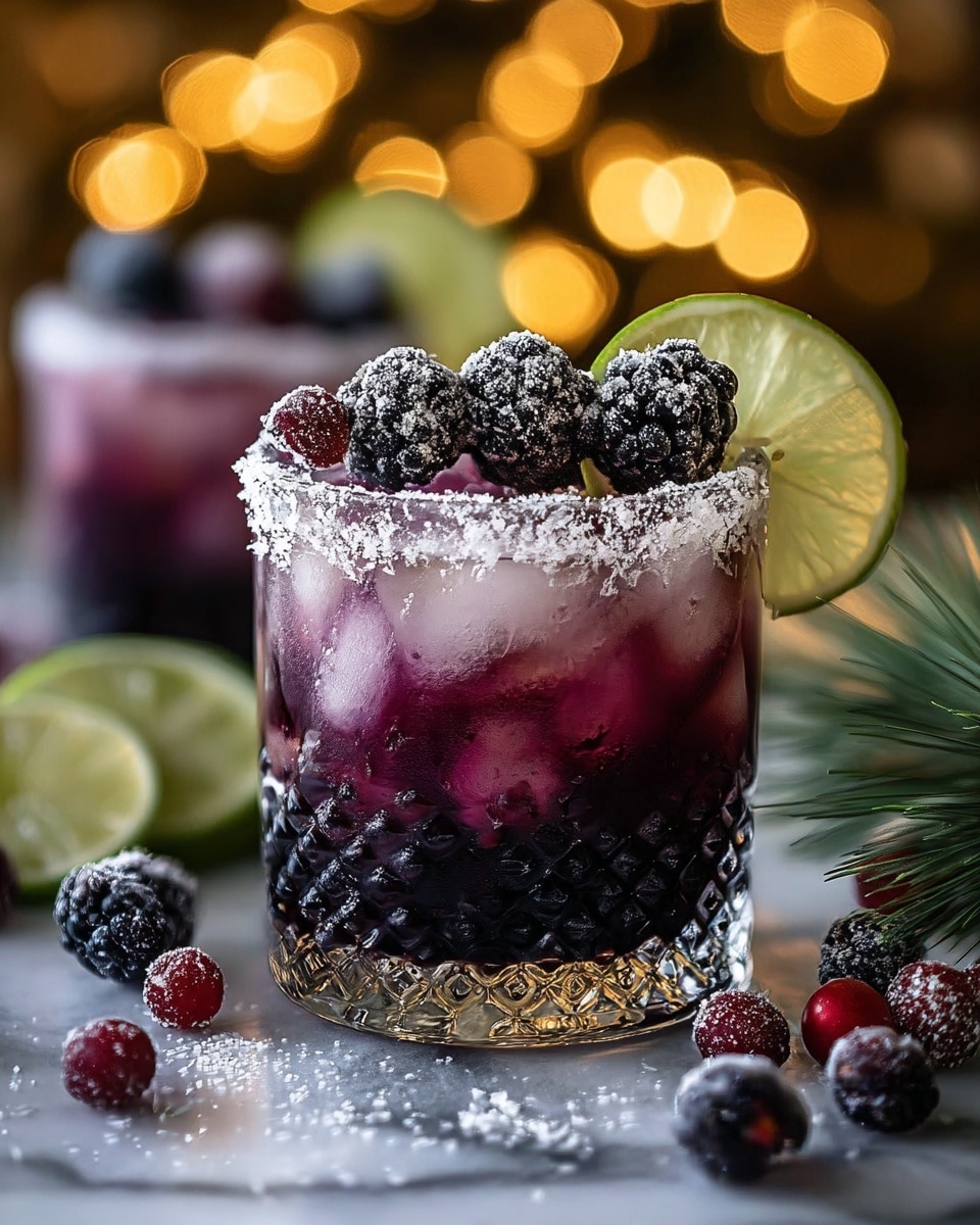 A clear glass with a textured bottom holds a three-layered drink, starting with a dark purple layer at the base, a lighter translucent purple layer with ice cubes in the middle, and a dark purple top layer. The rim of the glass is coated with coarse white sugar. On top, there are three frosted blackberries, a slice of lime behind the blackberries, and some small red berries in the center. Around the glass on a white marbled surface, there are more blackberries and red berries dusted with powdered sugar, along with a small green pine branch. The background features warm, soft golden lights creating a cozy atmosphere. photo taken with an iphone --ar 4:5 --v 7